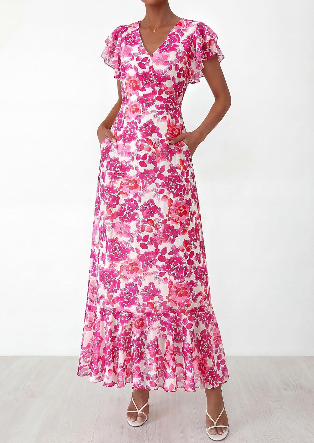 imagePRETTYGARDEN Wedding Guest Dresses for Women 2026 Spring Summer Short Sleeve Ruffle V Neck Floral Flowy Beach Maxi Long DressRose Red Floral