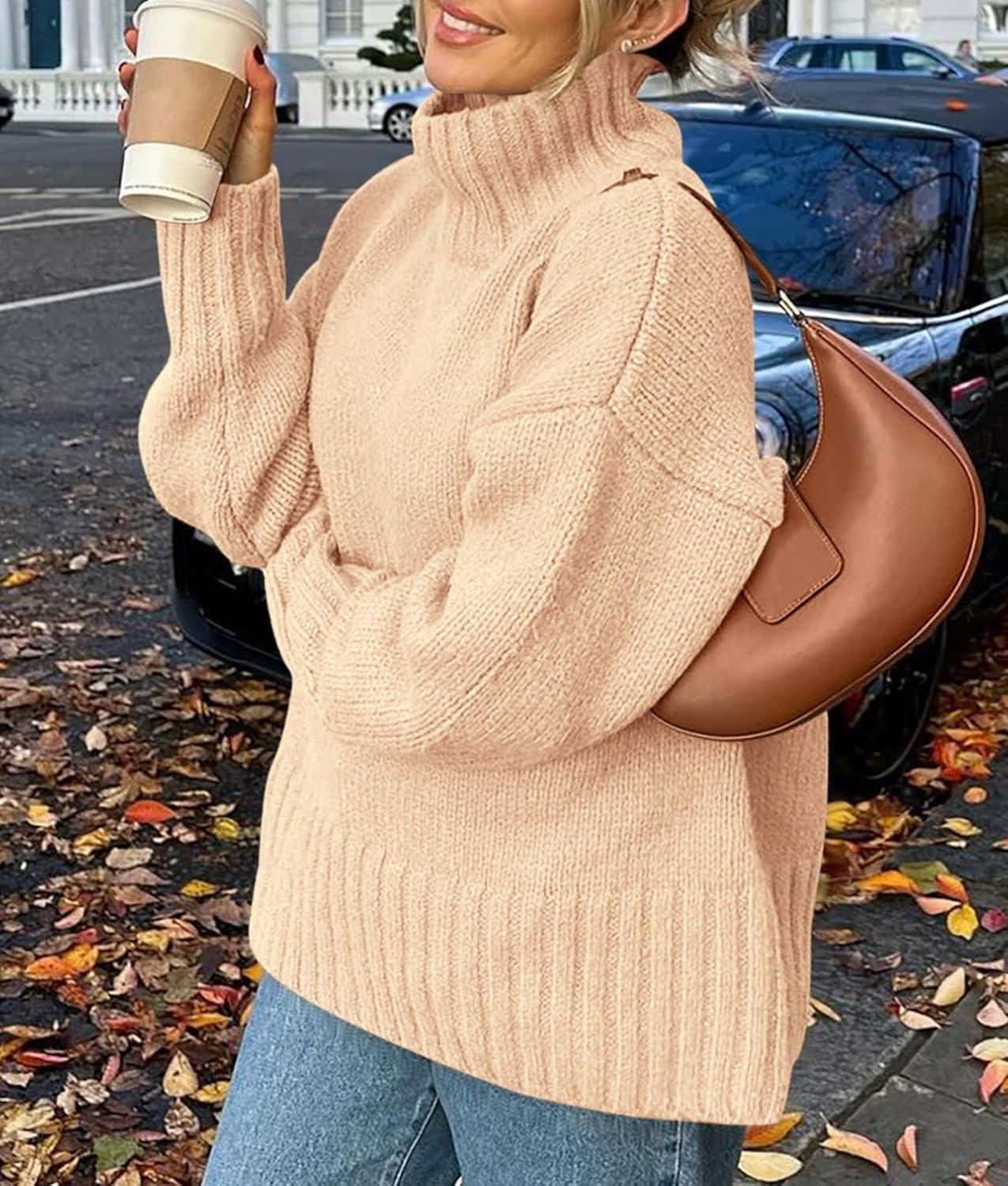 imagePRETTYGARDEN Womens 2025 Fall Oversized Sweaters Turtleneck Casual Long Sleeve Chunky Knit Pullover Tops Winter ClothesBeige