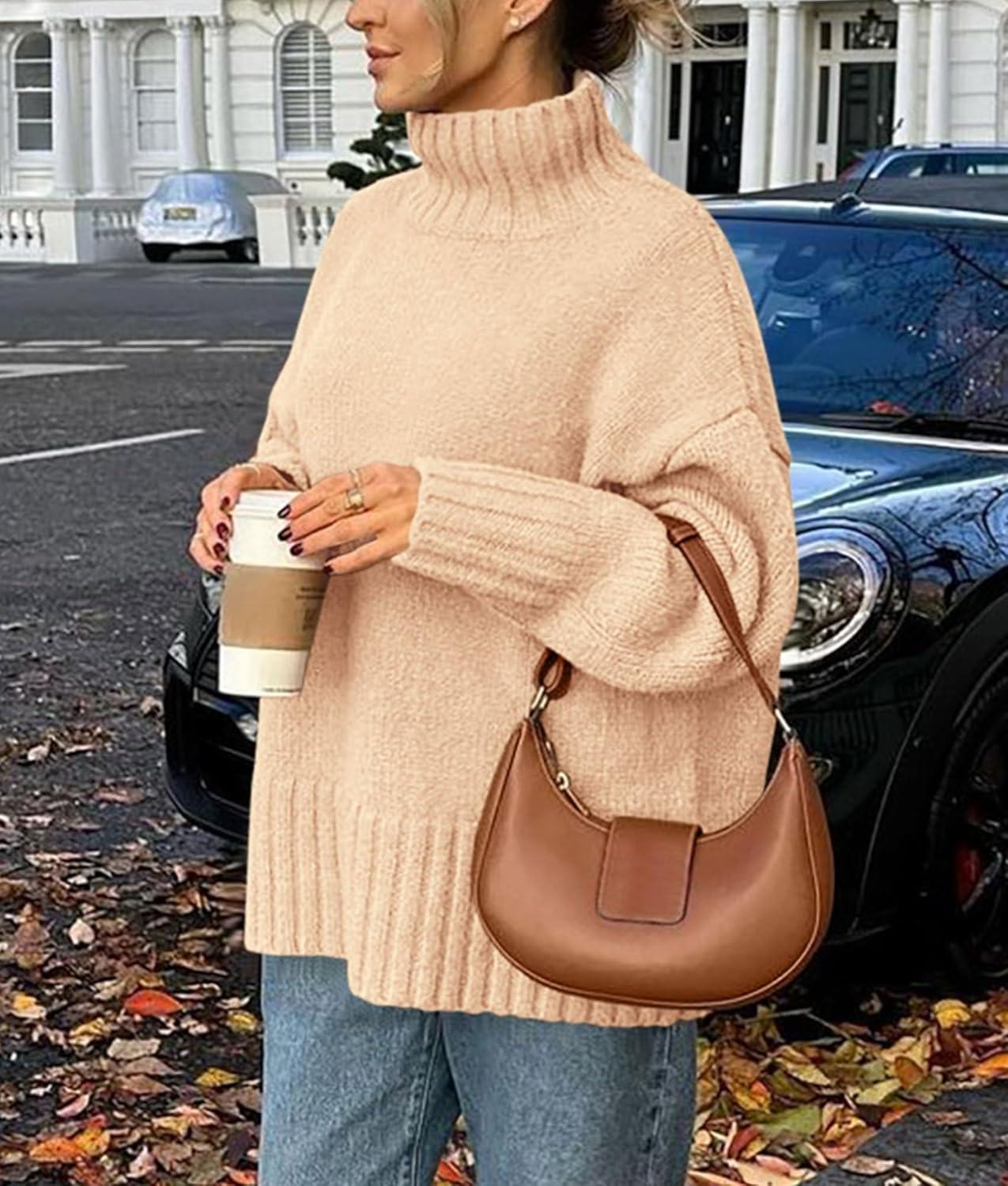 imagePRETTYGARDEN Womens 2025 Fall Oversized Sweaters Turtleneck Casual Long Sleeve Chunky Knit Pullover Tops Winter ClothesBeige