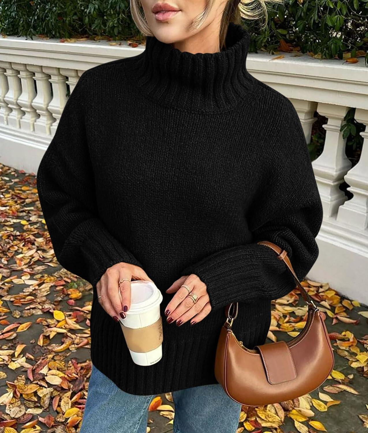 imagePRETTYGARDEN Womens 2025 Fall Oversized Sweaters Turtleneck Casual Long Sleeve Chunky Knit Pullover Tops Winter ClothesBlack