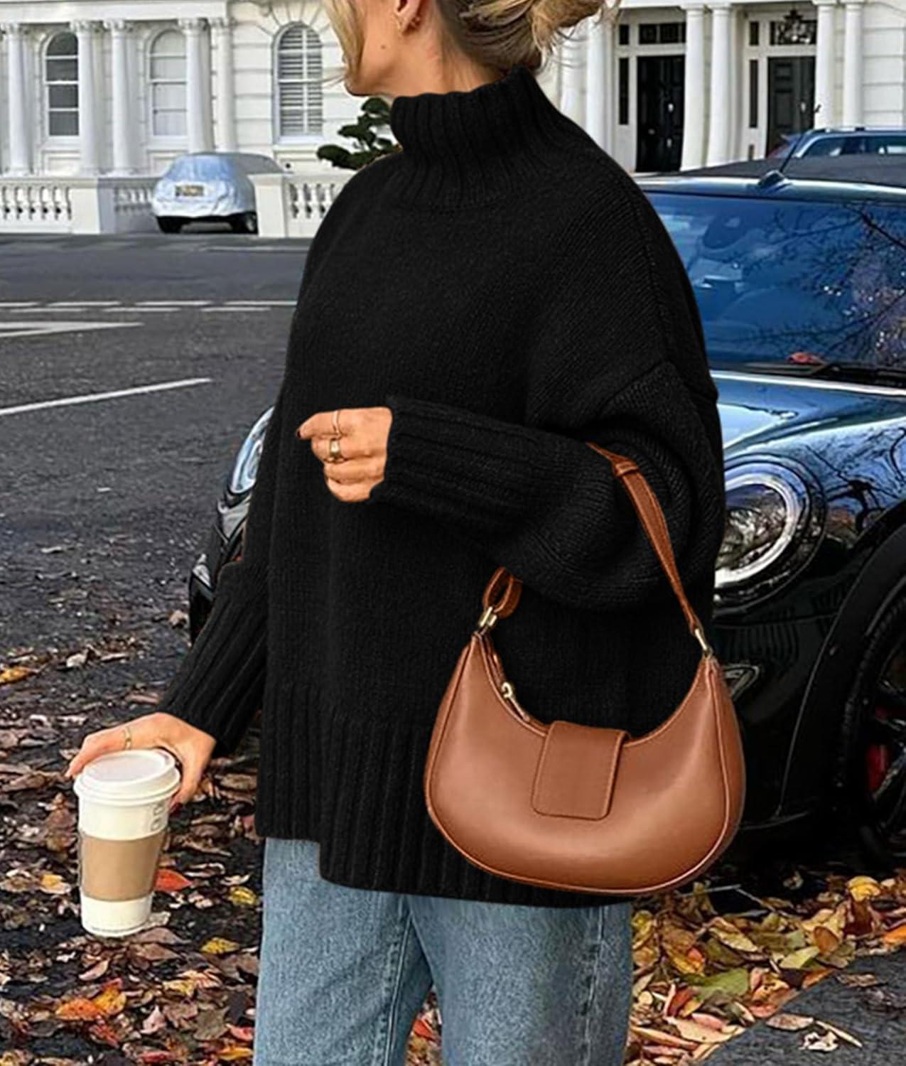 imagePRETTYGARDEN Womens 2025 Fall Oversized Sweaters Turtleneck Casual Long Sleeve Chunky Knit Pullover Tops Winter ClothesBlack