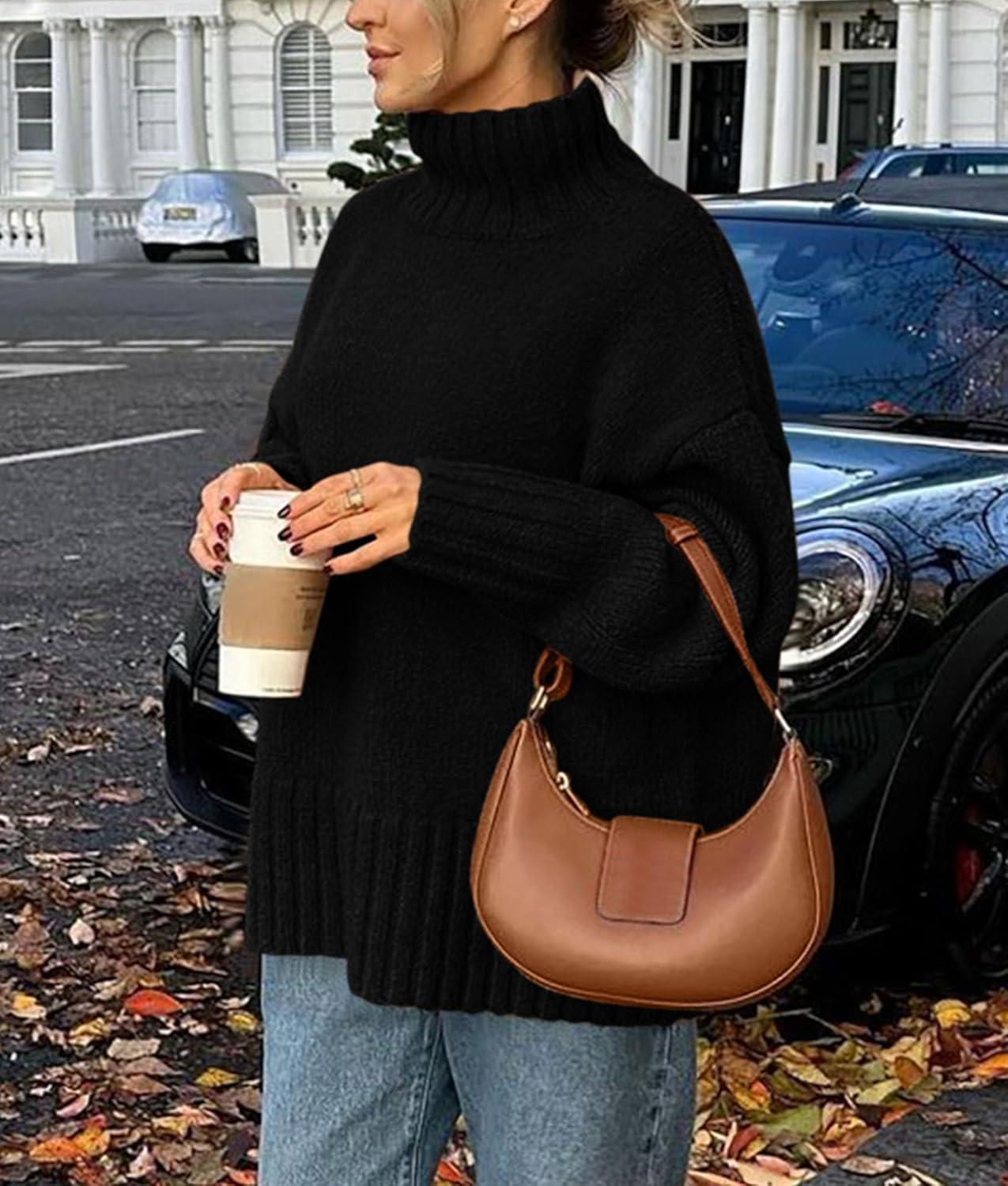 imagePRETTYGARDEN Womens 2025 Fall Oversized Sweaters Turtleneck Casual Long Sleeve Chunky Knit Pullover Tops Winter ClothesBlack