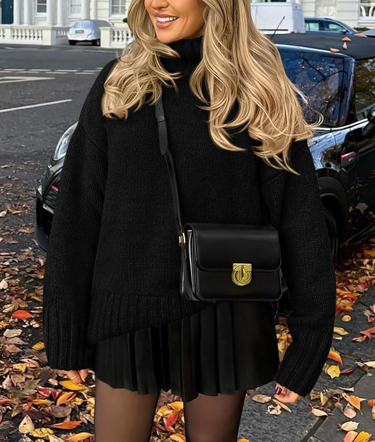 imagePRETTYGARDEN Womens 2025 Fall Oversized Sweaters Turtleneck Casual Long Sleeve Chunky Knit Pullover Tops Winter ClothesBlack