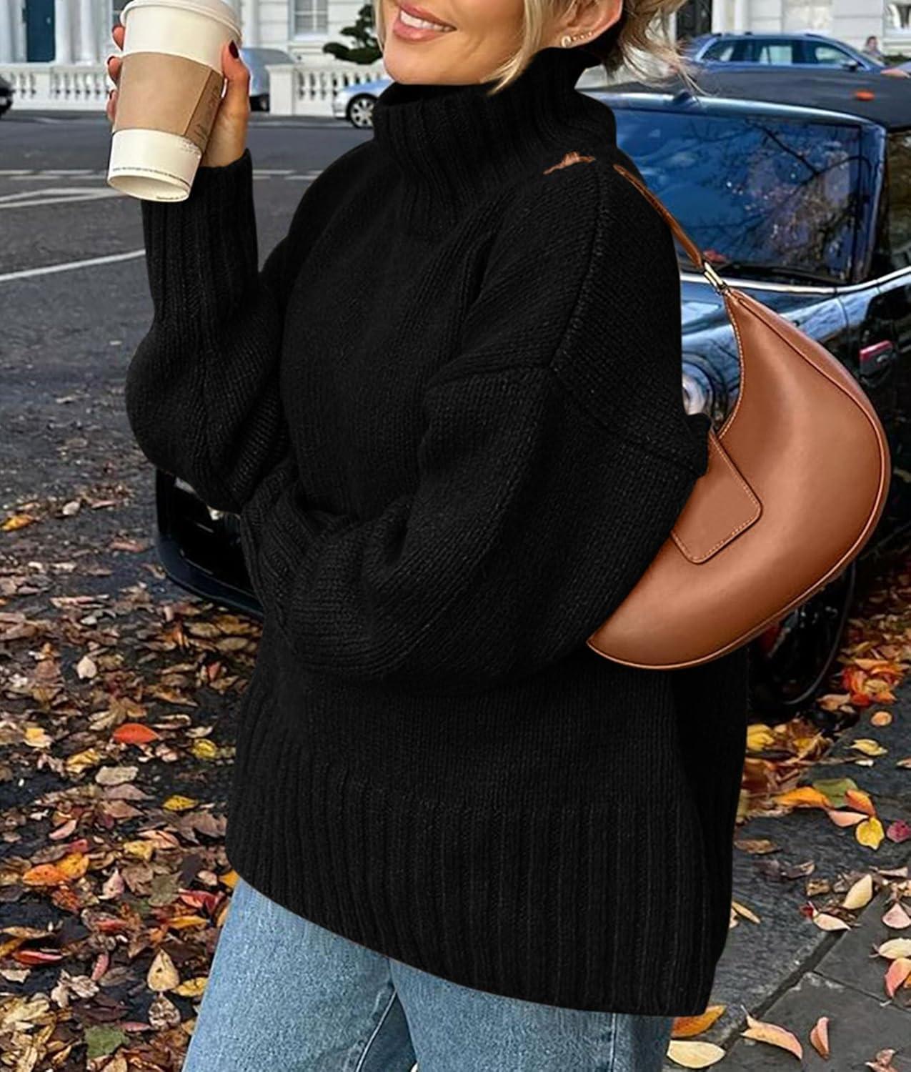 imagePRETTYGARDEN Womens 2025 Fall Oversized Sweaters Turtleneck Casual Long Sleeve Chunky Knit Pullover Tops Winter ClothesBlack