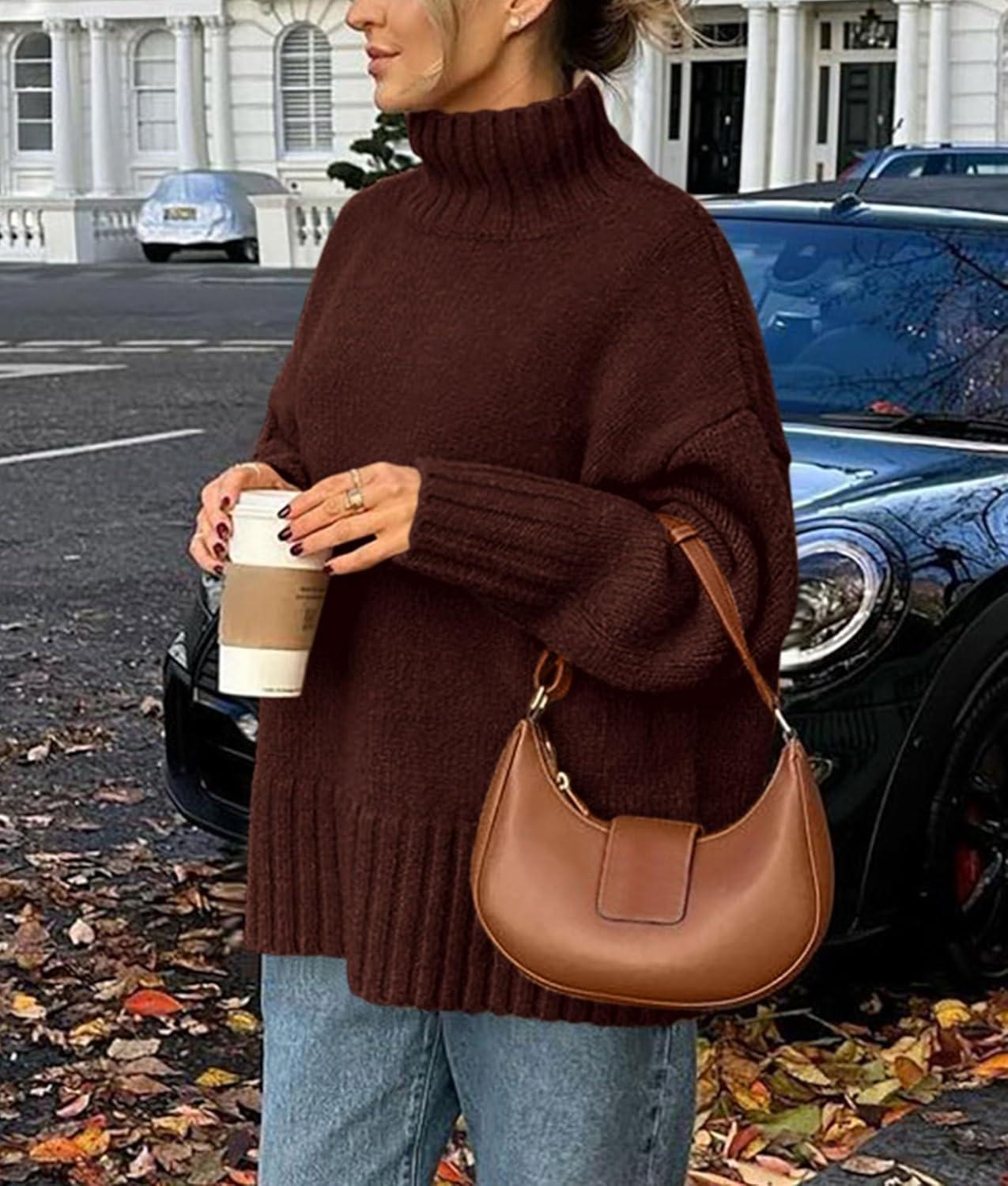 imagePRETTYGARDEN Womens 2025 Fall Oversized Sweaters Turtleneck Casual Long Sleeve Chunky Knit Pullover Tops Winter ClothesCoffee