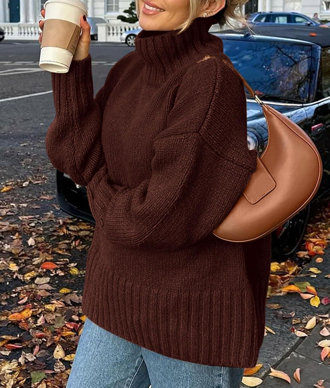 imagePRETTYGARDEN Womens 2025 Fall Oversized Sweaters Turtleneck Casual Long Sleeve Chunky Knit Pullover Tops Winter ClothesCoffee
