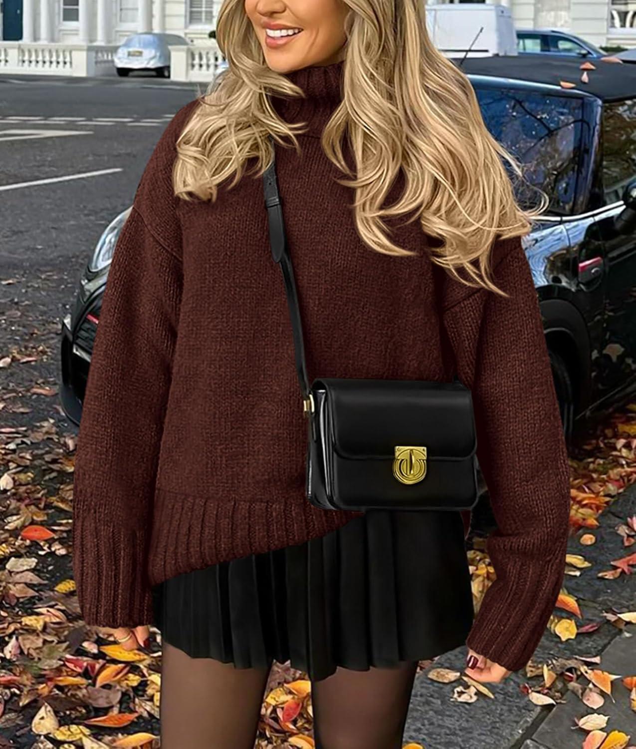imagePRETTYGARDEN Womens 2025 Fall Oversized Sweaters Turtleneck Casual Long Sleeve Chunky Knit Pullover Tops Winter ClothesCoffee