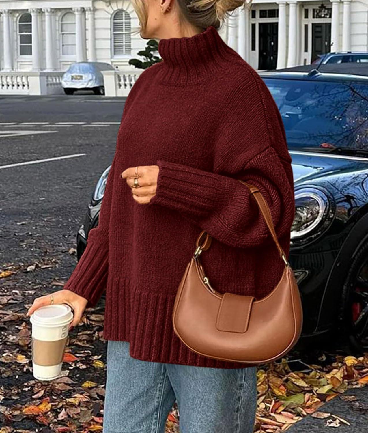 imagePRETTYGARDEN Womens 2025 Fall Oversized Sweaters Turtleneck Casual Long Sleeve Chunky Knit Pullover Tops Winter ClothesDark Wine Red