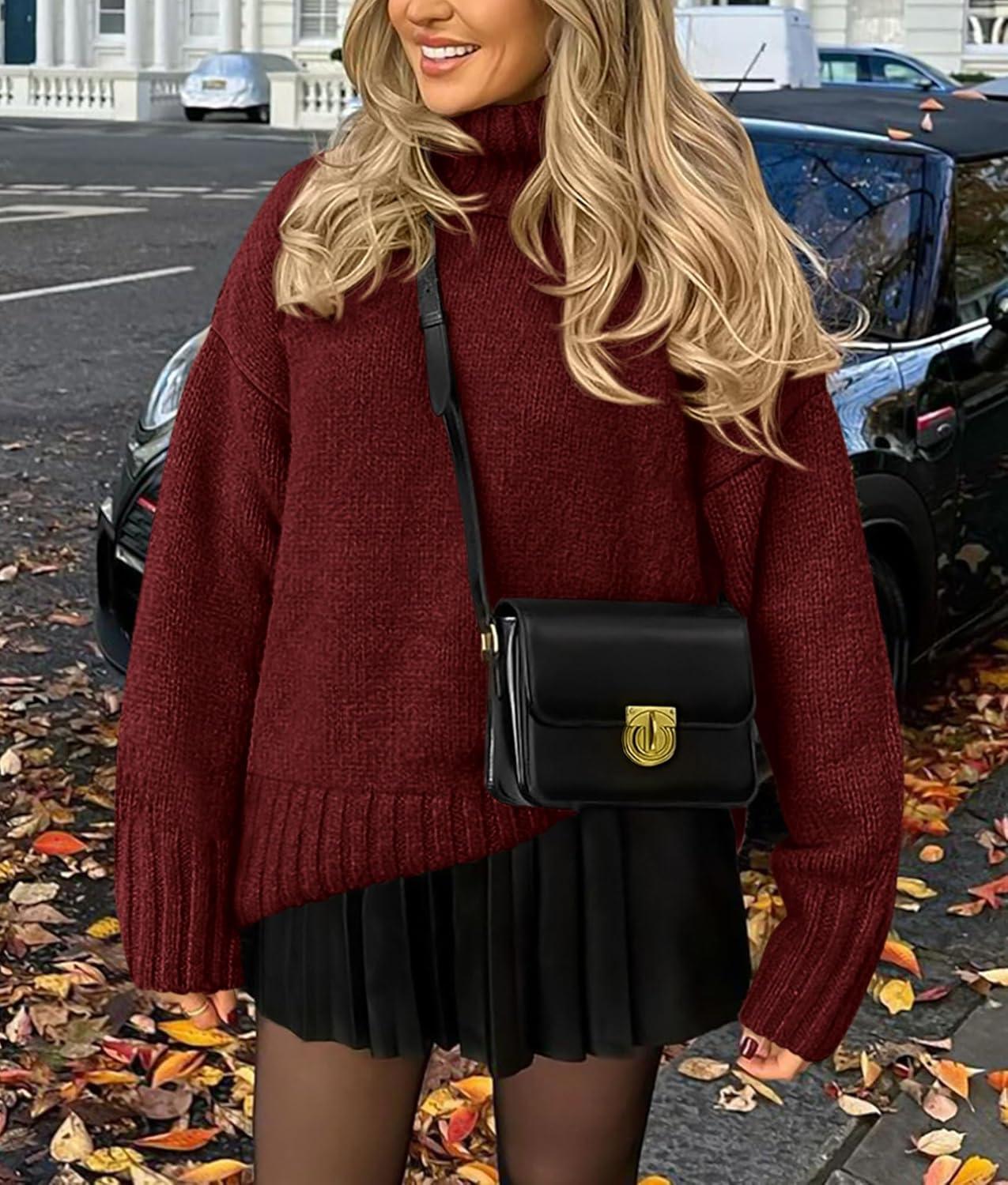 imagePRETTYGARDEN Womens 2025 Fall Oversized Sweaters Turtleneck Casual Long Sleeve Chunky Knit Pullover Tops Winter ClothesDark Wine Red