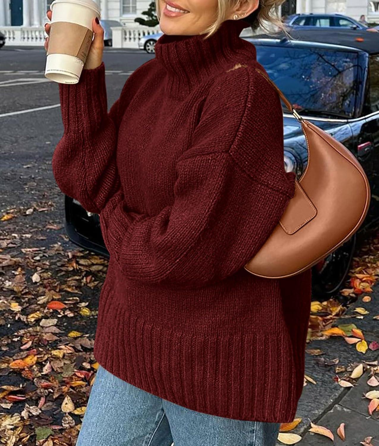 imagePRETTYGARDEN Womens 2025 Fall Oversized Sweaters Turtleneck Casual Long Sleeve Chunky Knit Pullover Tops Winter ClothesDark Wine Red