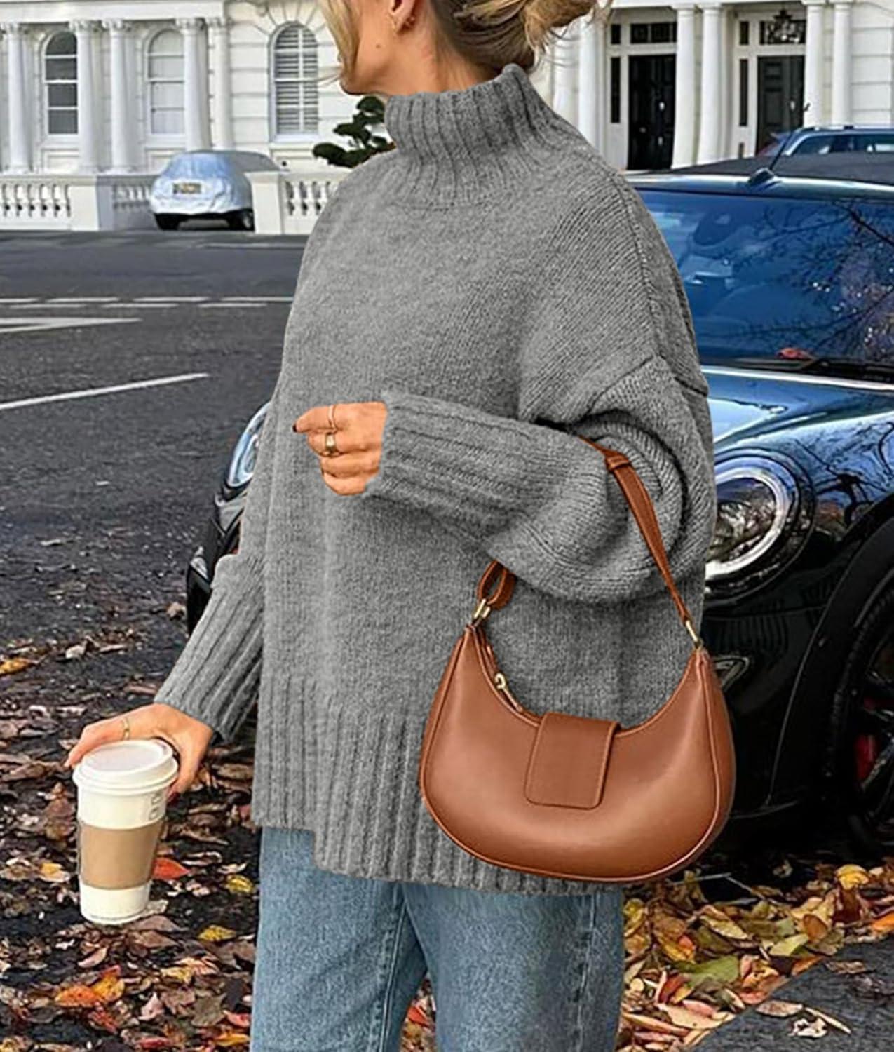 imagePRETTYGARDEN Womens 2025 Fall Oversized Sweaters Turtleneck Casual Long Sleeve Chunky Knit Pullover Tops Winter ClothesGrey