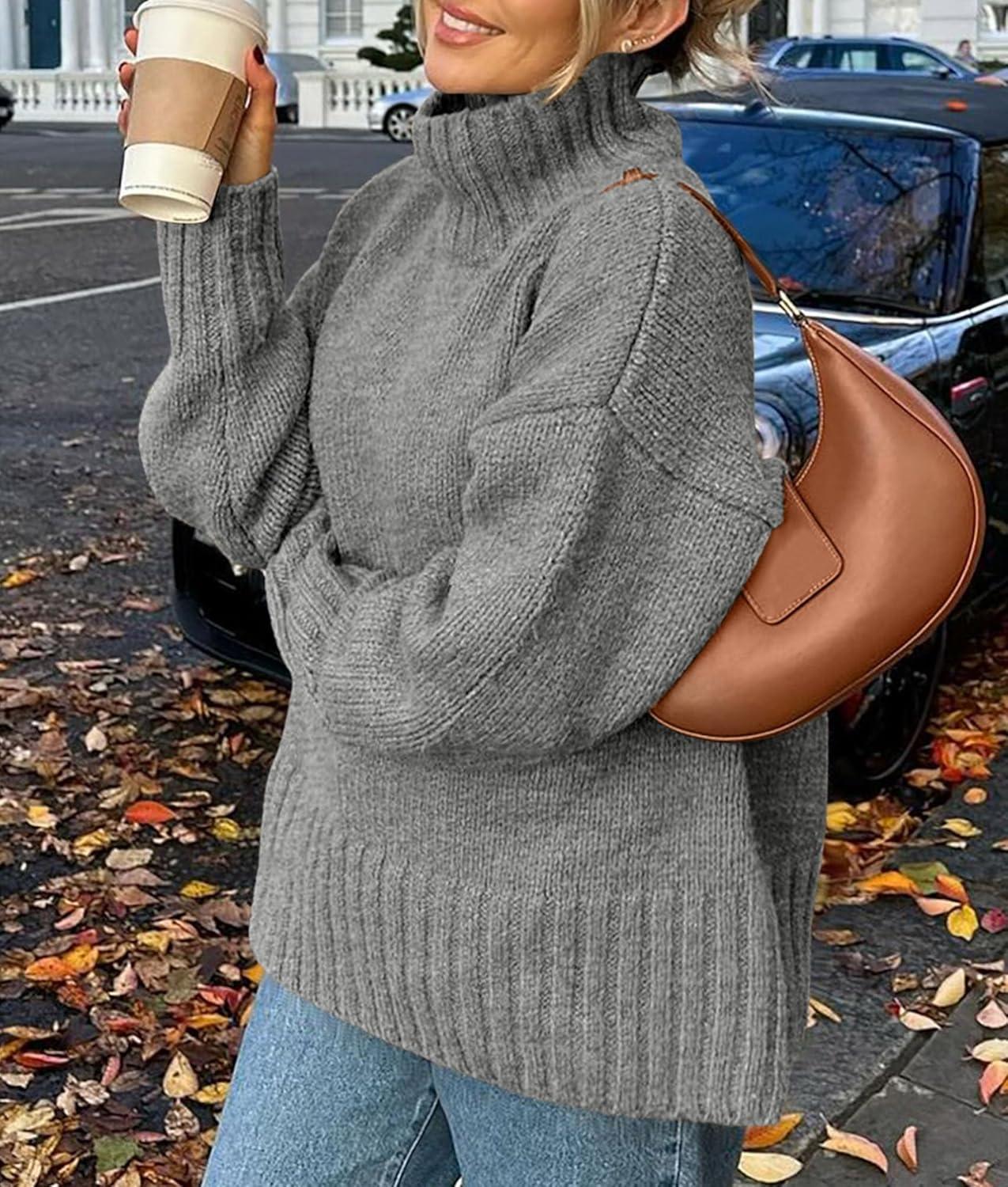 imagePRETTYGARDEN Womens 2025 Fall Oversized Sweaters Turtleneck Casual Long Sleeve Chunky Knit Pullover Tops Winter ClothesGrey