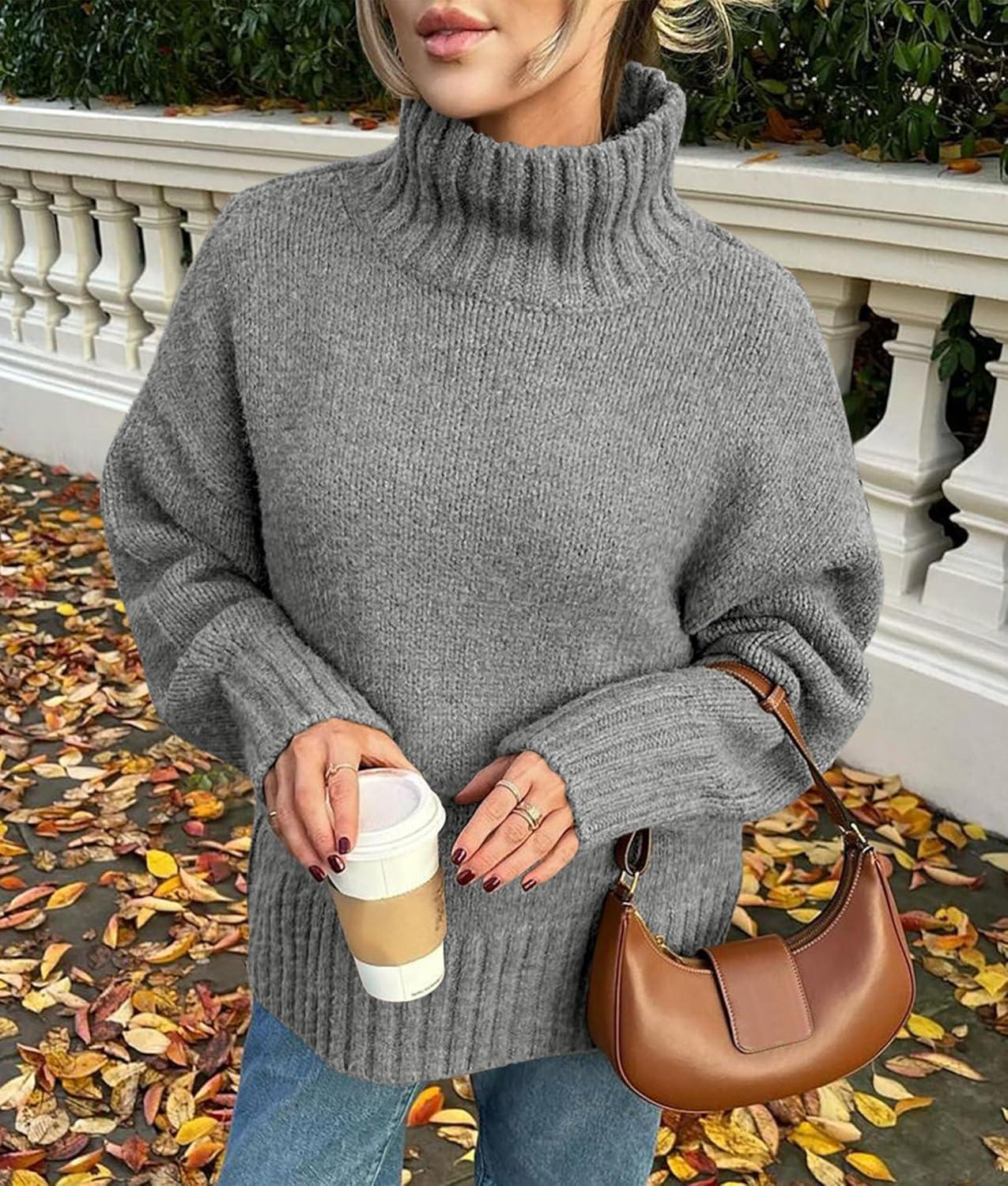imagePRETTYGARDEN Womens 2025 Fall Oversized Sweaters Turtleneck Casual Long Sleeve Chunky Knit Pullover Tops Winter ClothesGrey