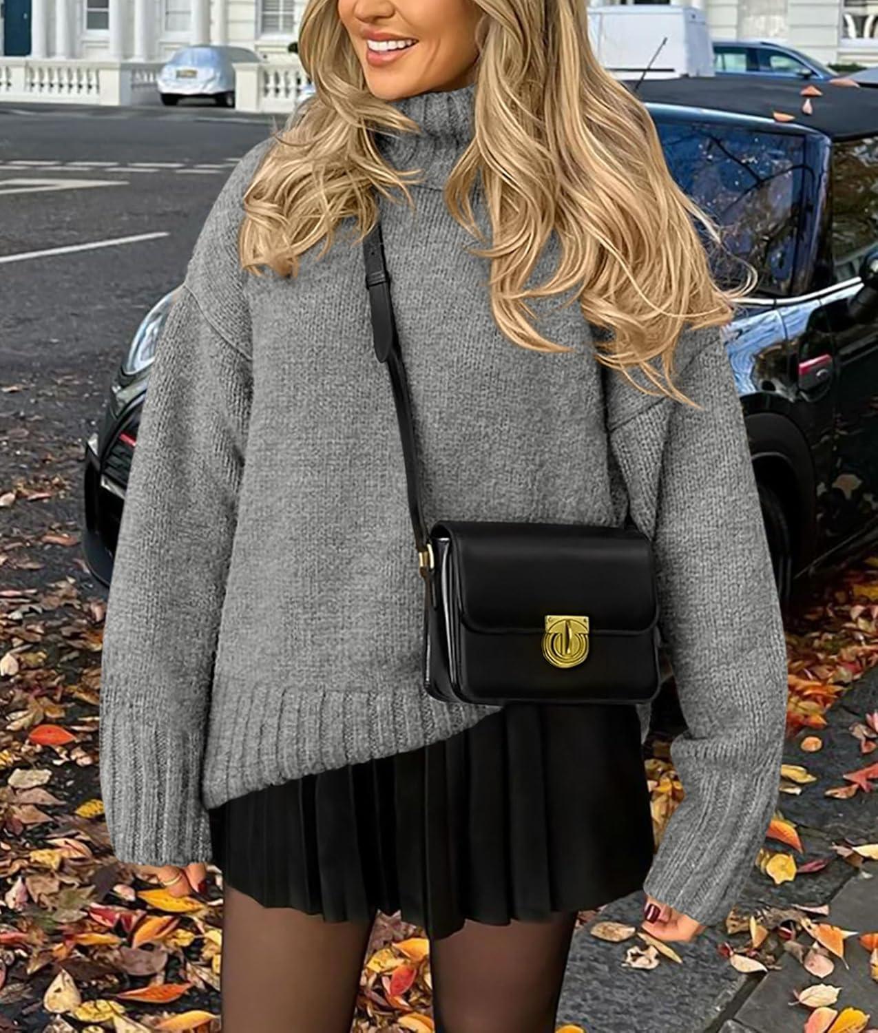imagePRETTYGARDEN Womens 2025 Fall Oversized Sweaters Turtleneck Casual Long Sleeve Chunky Knit Pullover Tops Winter ClothesGrey
