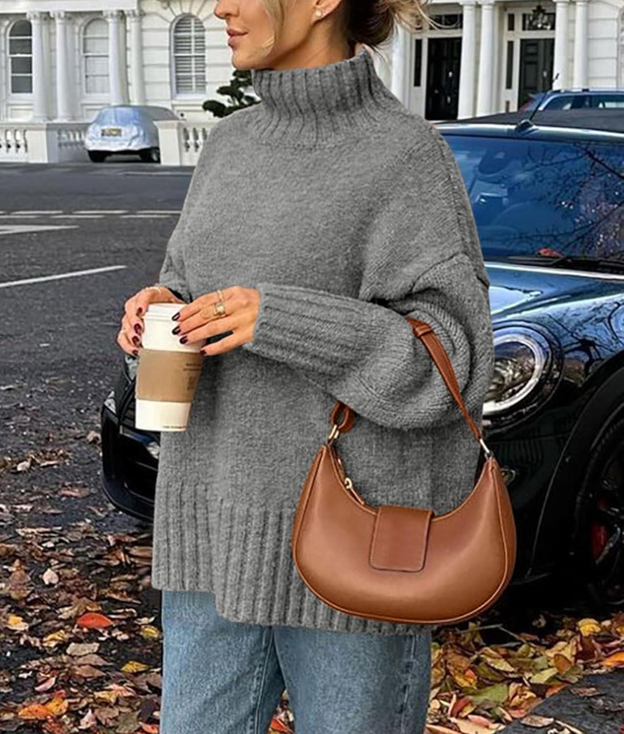 imagePRETTYGARDEN Womens 2025 Fall Oversized Sweaters Turtleneck Casual Long Sleeve Chunky Knit Pullover Tops Winter ClothesGrey