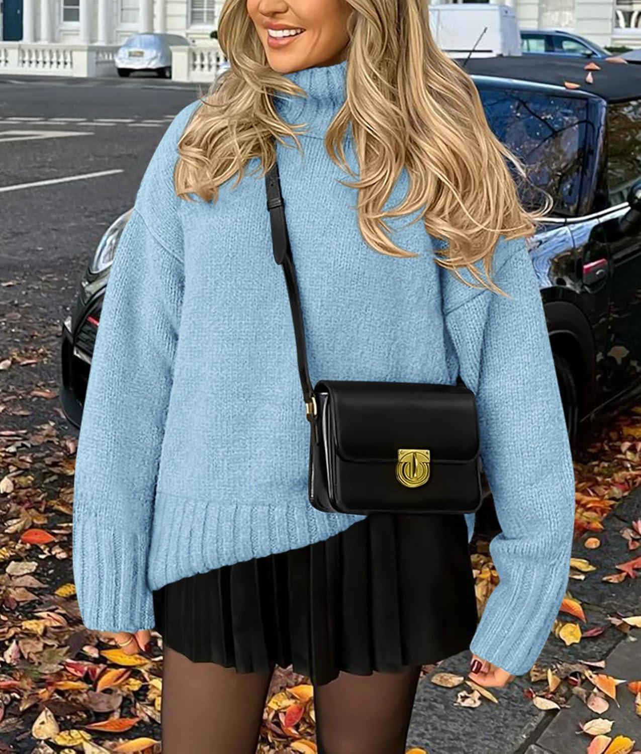 imagePRETTYGARDEN Womens 2025 Fall Oversized Sweaters Turtleneck Casual Long Sleeve Chunky Knit Pullover Tops Winter ClothesLight Blue