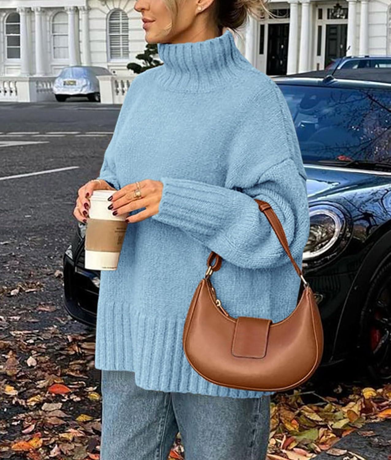 imagePRETTYGARDEN Womens 2025 Fall Oversized Sweaters Turtleneck Casual Long Sleeve Chunky Knit Pullover Tops Winter ClothesLight Blue
