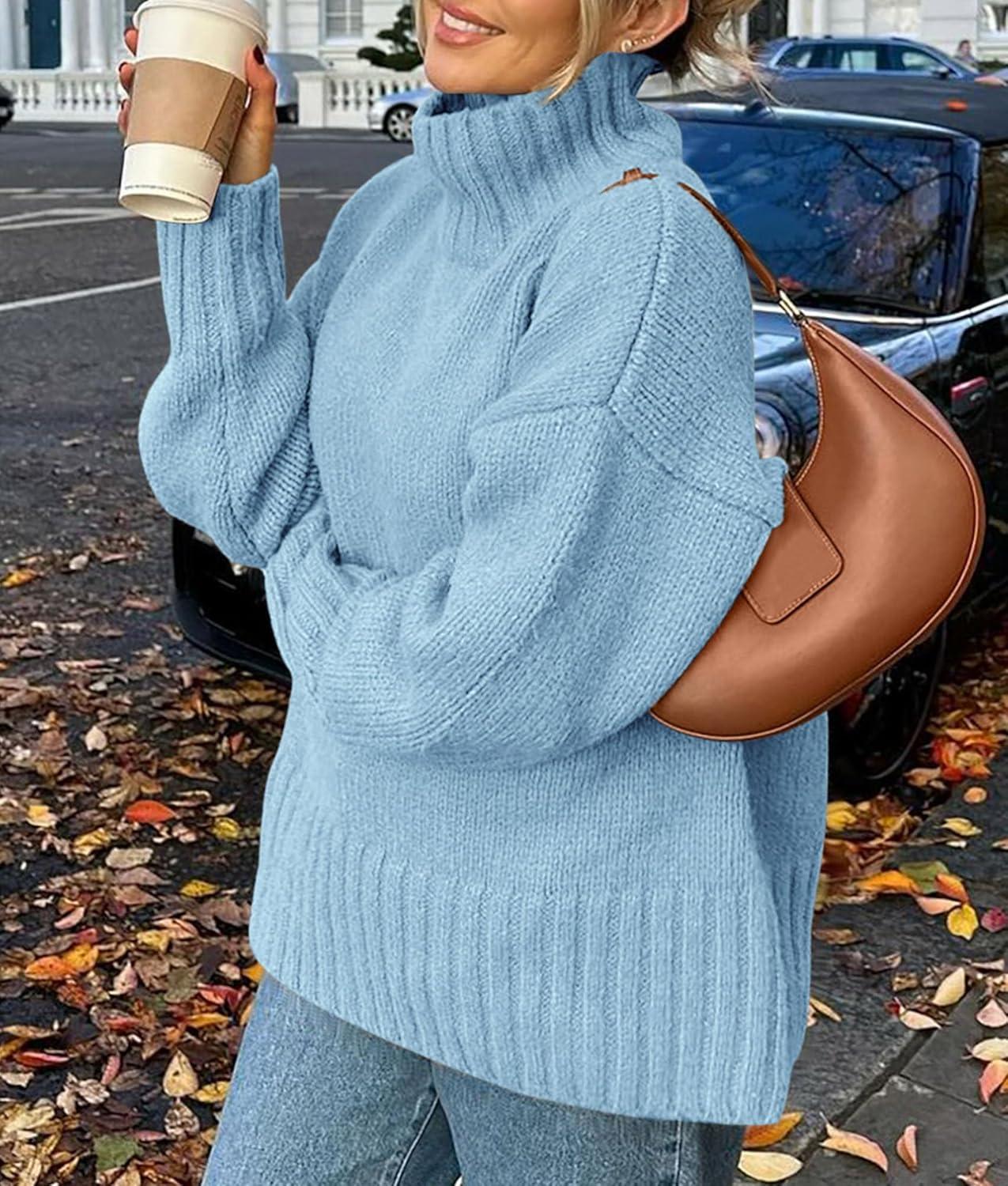 imagePRETTYGARDEN Womens 2025 Fall Oversized Sweaters Turtleneck Casual Long Sleeve Chunky Knit Pullover Tops Winter ClothesLight Blue