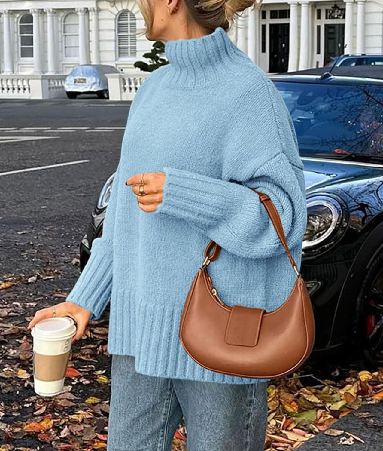 imagePRETTYGARDEN Womens 2025 Fall Oversized Sweaters Turtleneck Casual Long Sleeve Chunky Knit Pullover Tops Winter ClothesLight Blue