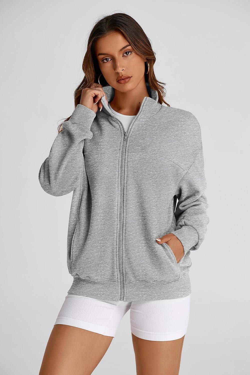 imagePRETTYGARDEN Womens 2025 Spring Fall Fashion Full Zip Up Sweatshirt Long Sleeve Loose Fit Trendy Casual Jacket with PocketsLight Grey