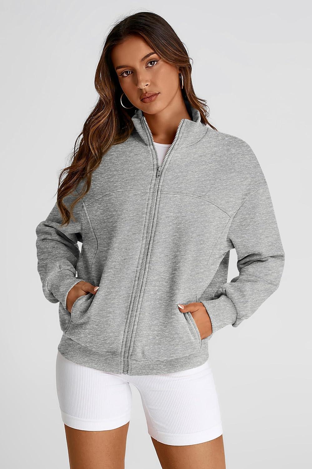 imagePRETTYGARDEN Womens 2025 Spring Fall Fashion Full Zip Up Sweatshirt Long Sleeve Loose Fit Trendy Casual Jacket with PocketsLight Grey