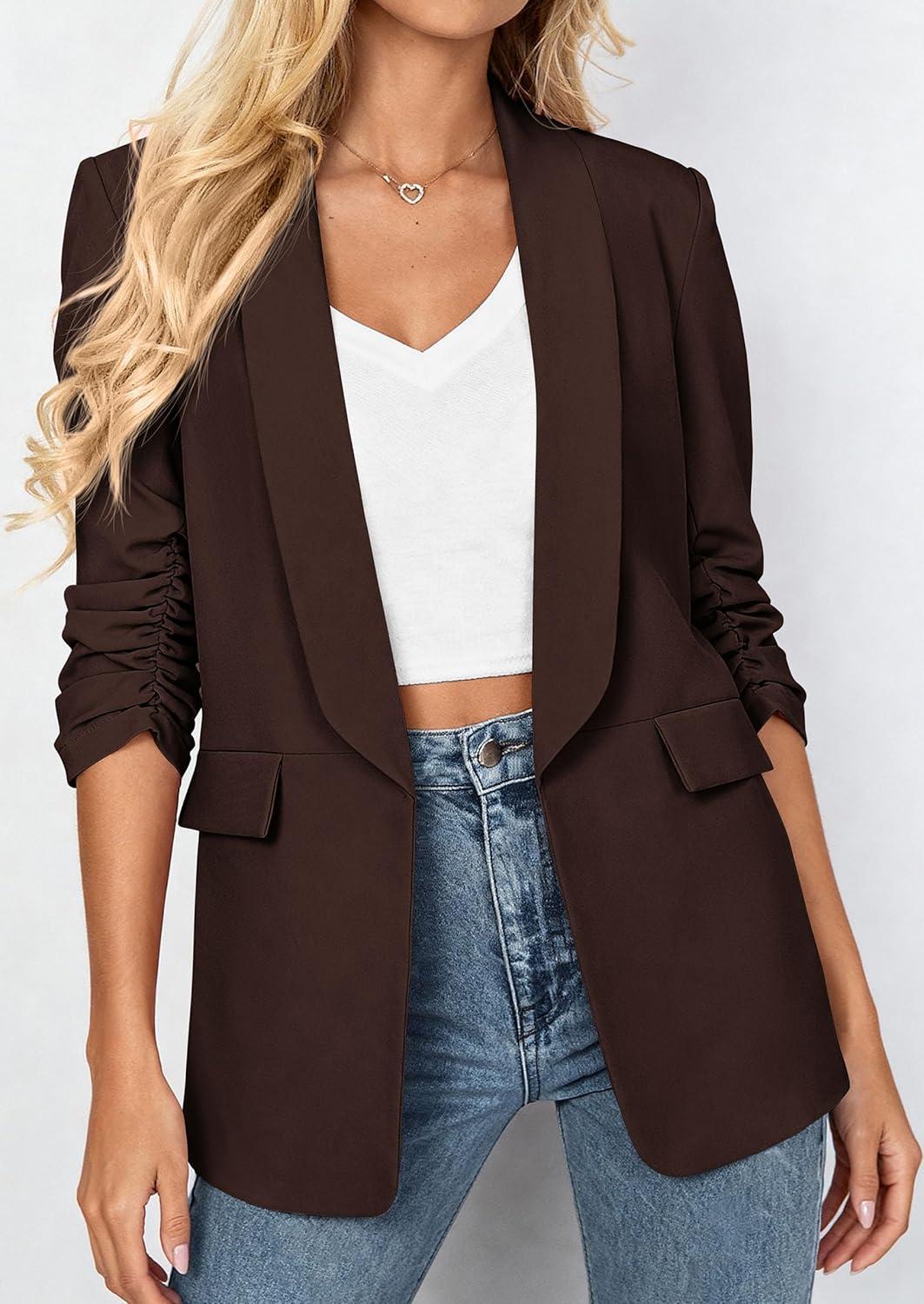 imagePRETTYGARDEN Womens 2026 Spring Blazers Business Casual Outfits Open Front Ruched 34 Sleeve Lightweight Work Suits JacketsBrown