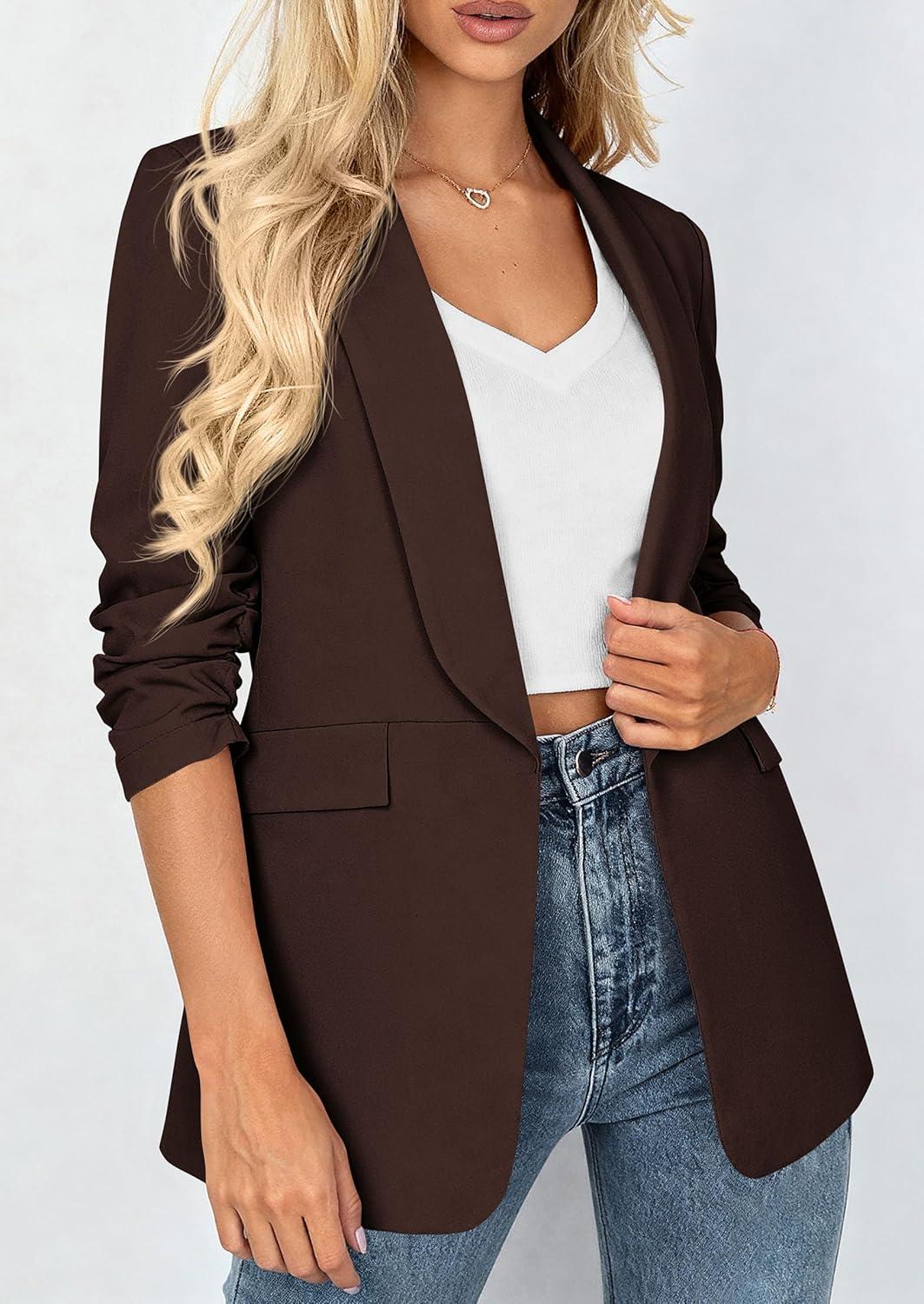 imagePRETTYGARDEN Womens 2026 Spring Blazers Business Casual Outfits Open Front Ruched 34 Sleeve Lightweight Work Suits JacketsBrown
