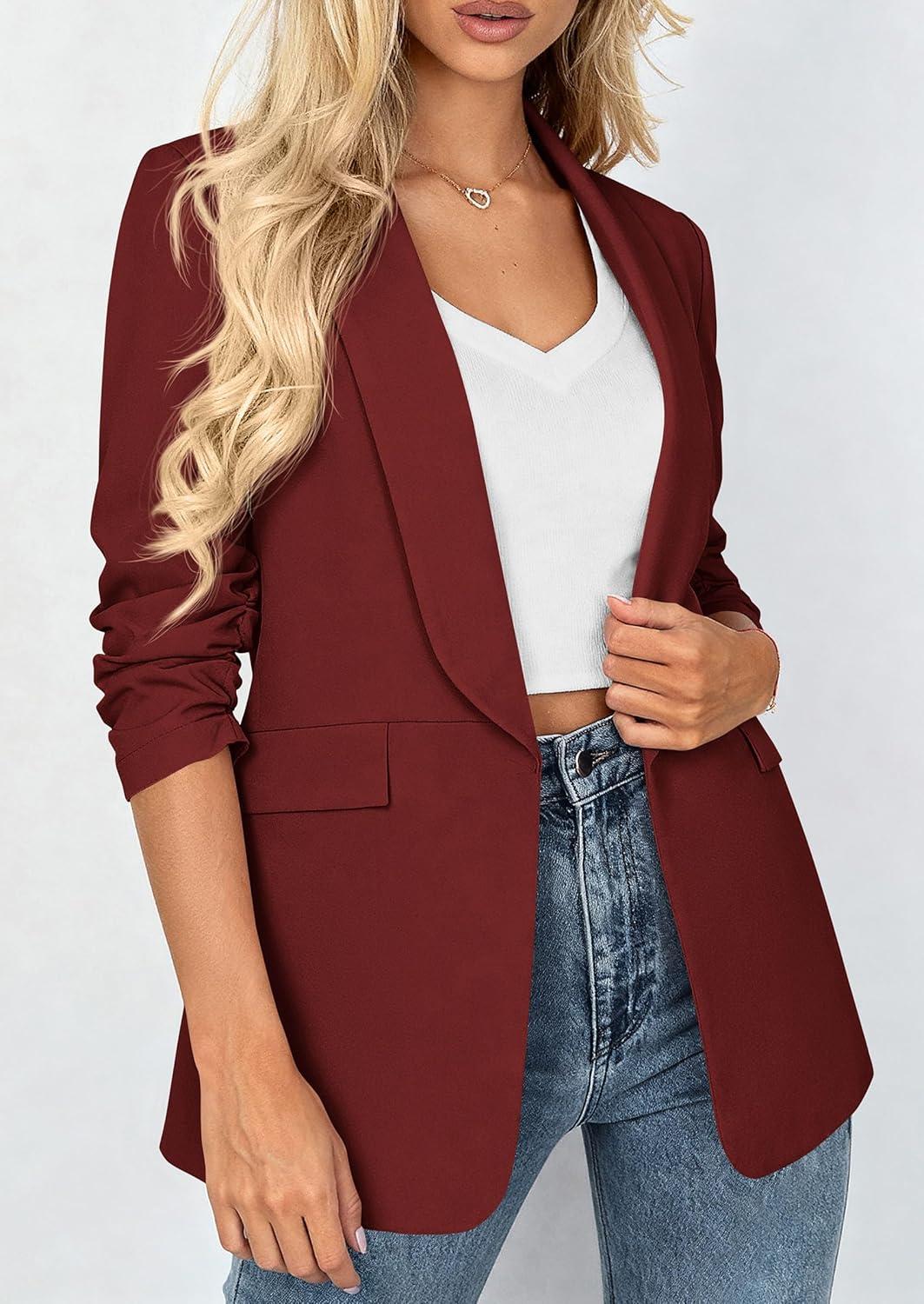 imagePRETTYGARDEN Womens 2026 Spring Blazers Business Casual Outfits Open Front Ruched 34 Sleeve Lightweight Work Suits JacketsBurgundy