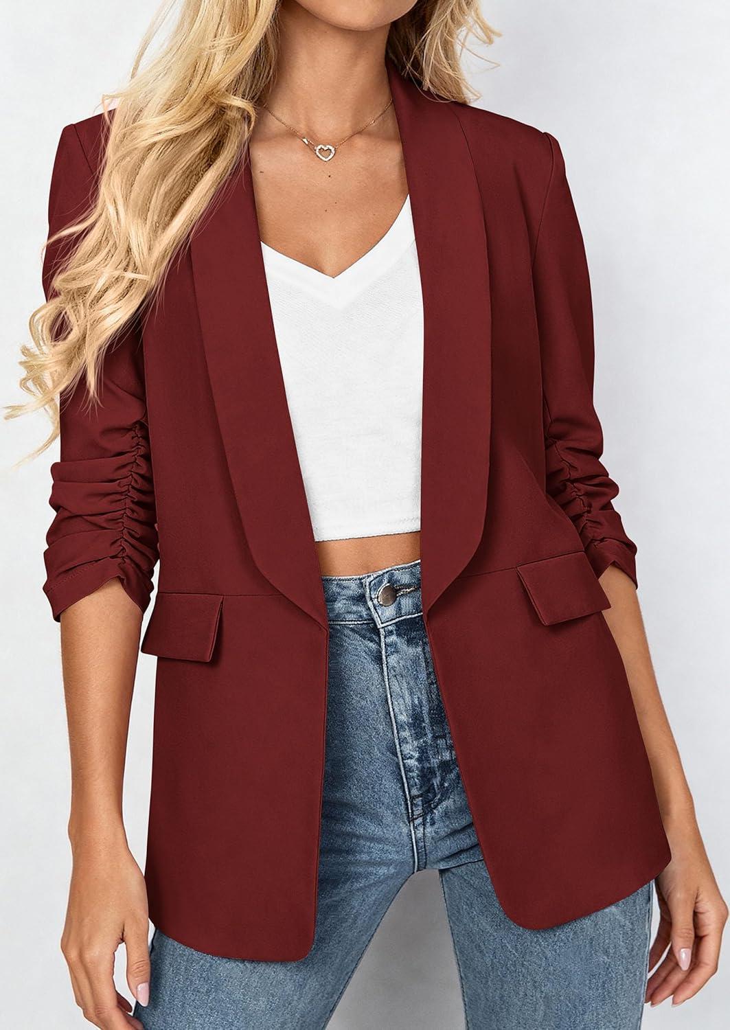 imagePRETTYGARDEN Womens 2026 Spring Blazers Business Casual Outfits Open Front Ruched 34 Sleeve Lightweight Work Suits JacketsBurgundy