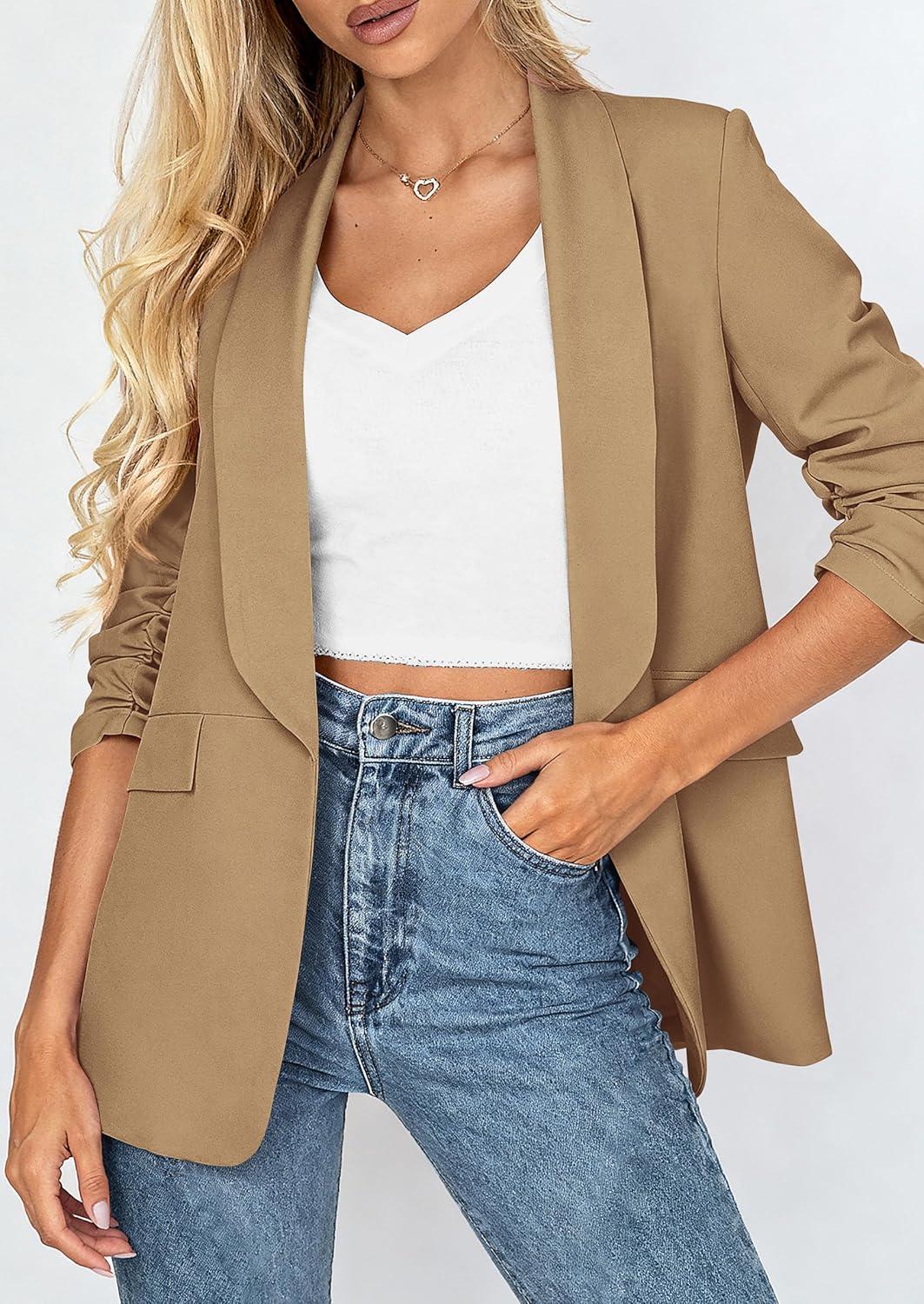 imagePRETTYGARDEN Womens 2026 Spring Blazers Business Casual Outfits Open Front Ruched 34 Sleeve Lightweight Work Suits JacketsKhaki