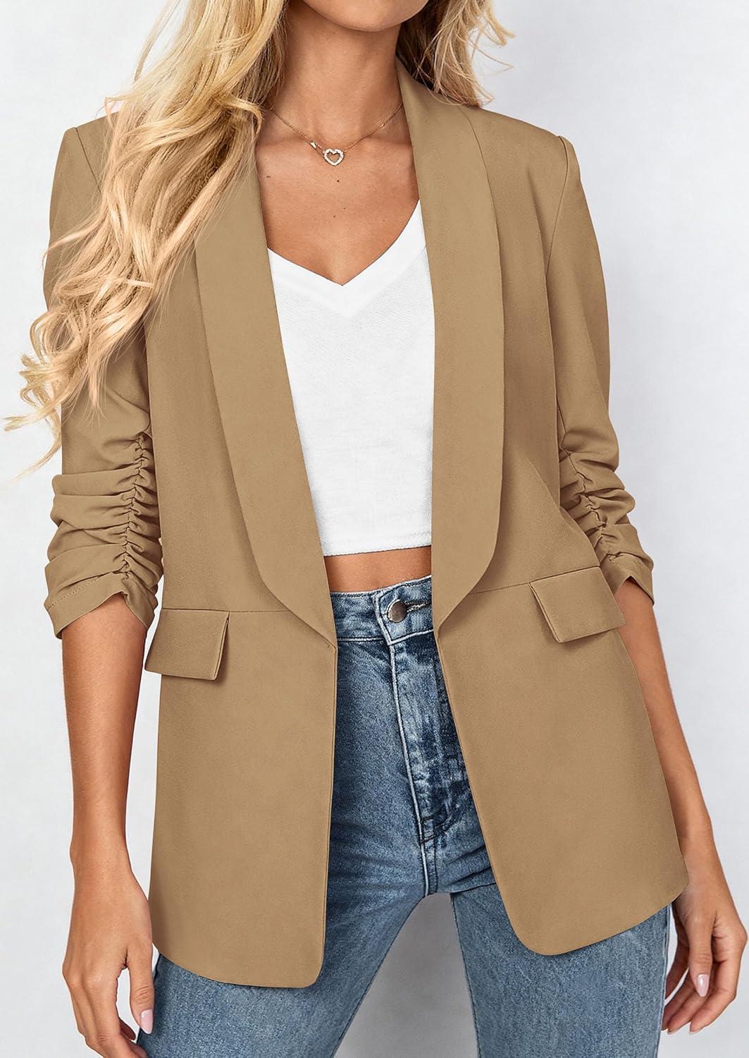 imagePRETTYGARDEN Womens 2026 Spring Blazers Business Casual Outfits Open Front Ruched 34 Sleeve Lightweight Work Suits JacketsKhaki