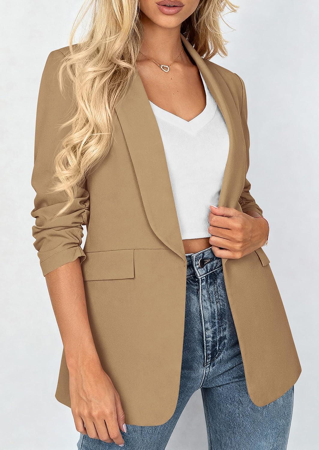 imagePRETTYGARDEN Womens 2026 Spring Blazers Business Casual Outfits Open Front Ruched 34 Sleeve Lightweight Work Suits JacketsKhaki