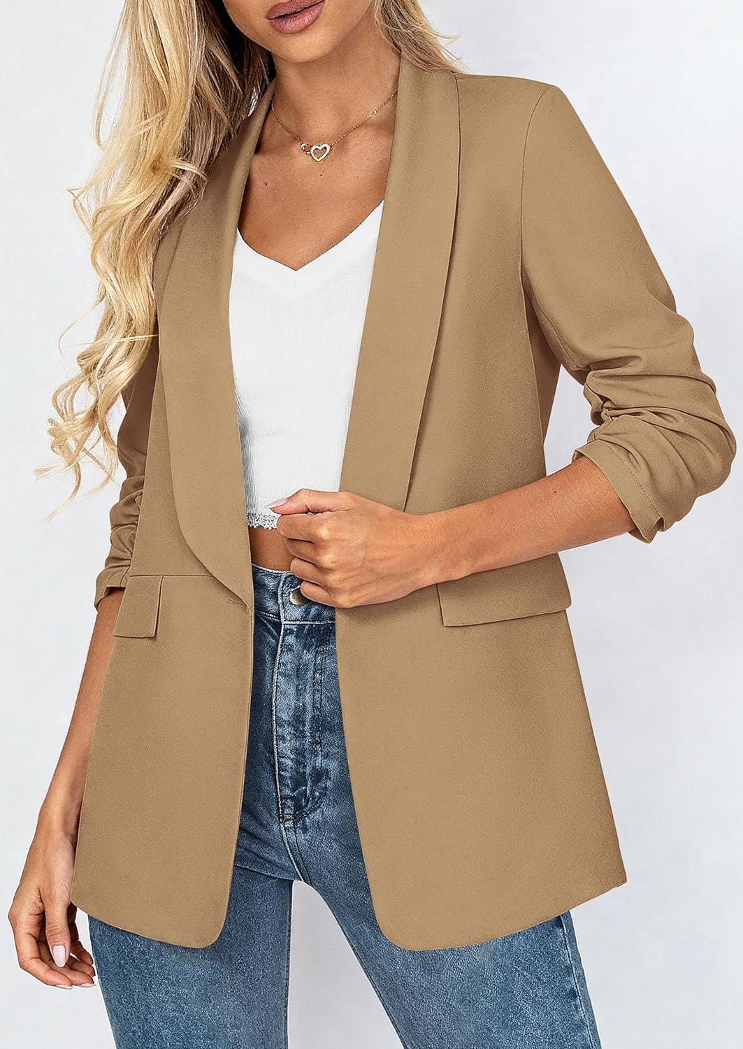 imagePRETTYGARDEN Womens 2026 Spring Blazers Business Casual Outfits Open Front Ruched 34 Sleeve Lightweight Work Suits JacketsKhaki