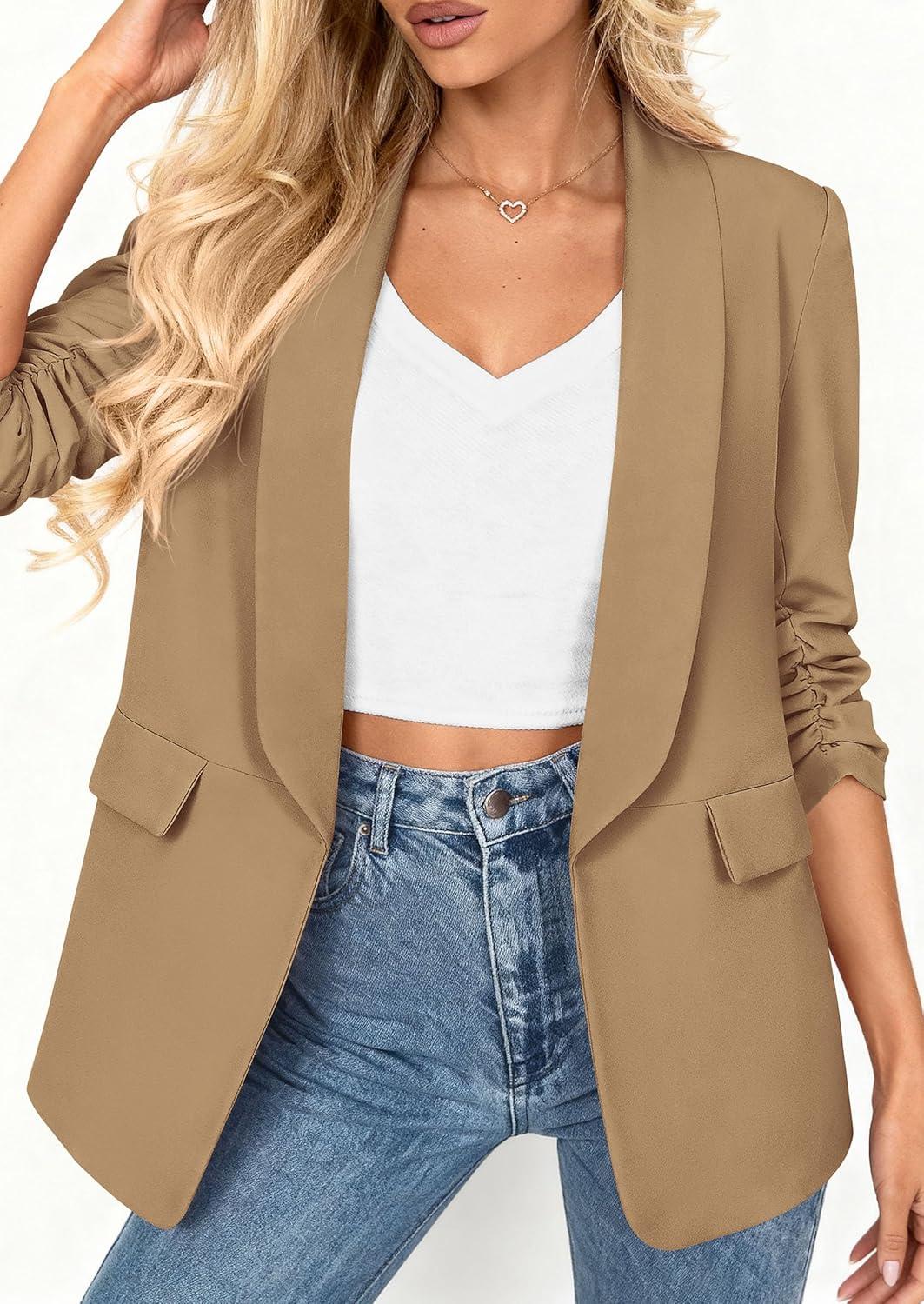imagePRETTYGARDEN Womens 2026 Spring Blazers Business Casual Outfits Open Front Ruched 34 Sleeve Lightweight Work Suits JacketsKhaki