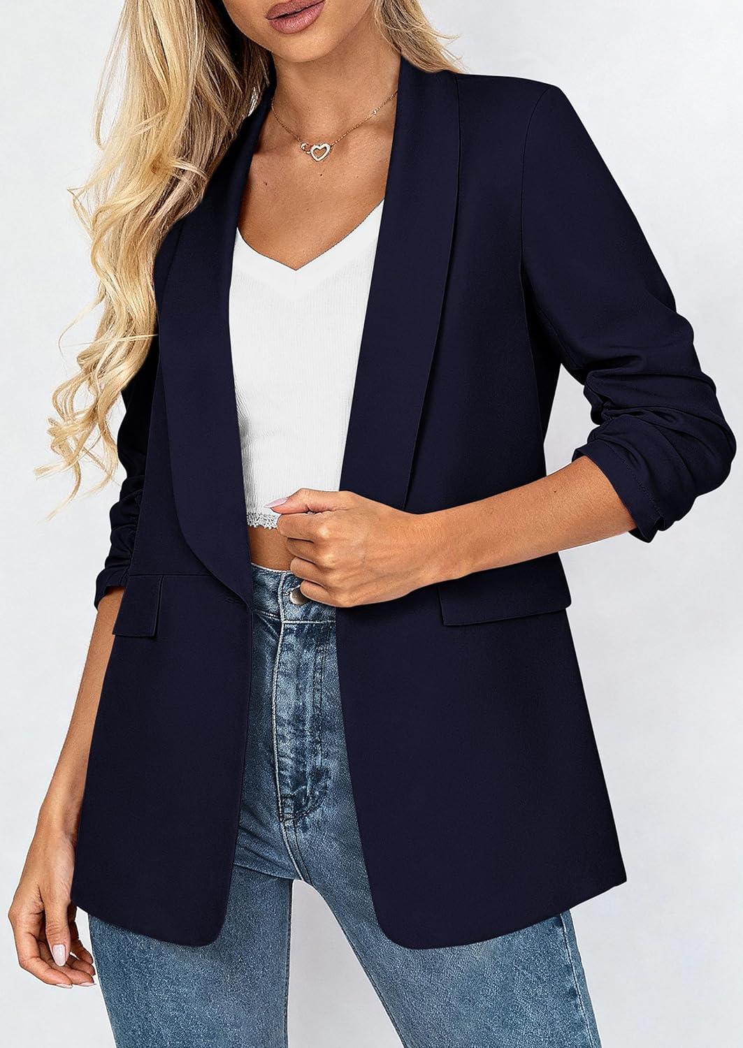 imagePRETTYGARDEN Womens 2026 Spring Blazers Business Casual Outfits Open Front Ruched 34 Sleeve Lightweight Work Suits JacketsNavy Blue