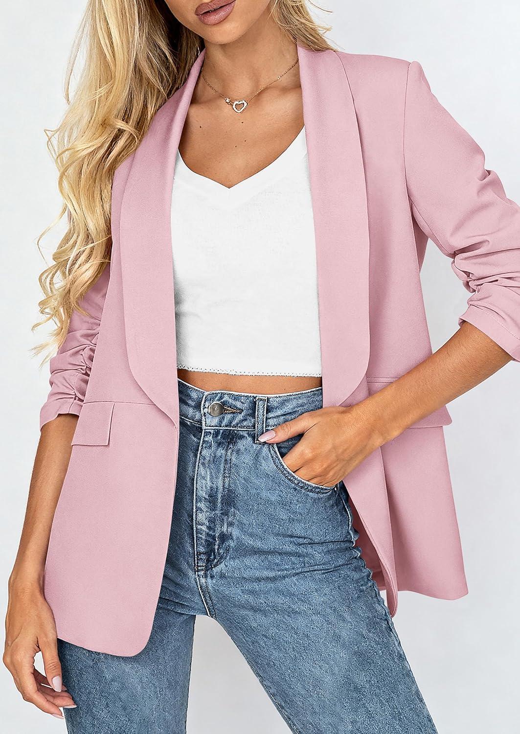 imagePRETTYGARDEN Womens 2026 Spring Blazers Business Casual Outfits Open Front Ruched 34 Sleeve Lightweight Work Suits JacketsPink