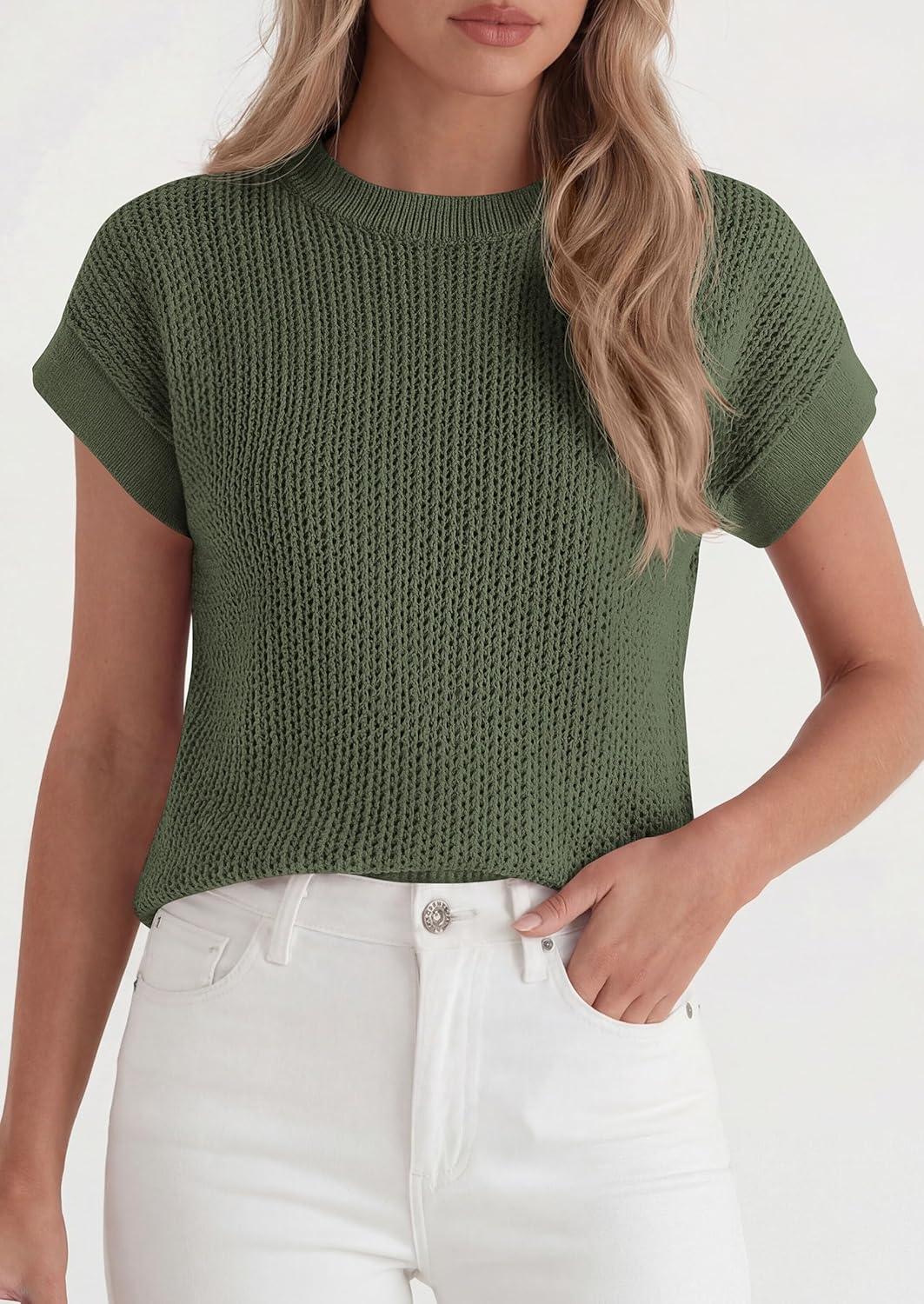 imagePRETTYGARDEN Womens 2026 Spring Fashion Sweater Vest Business Casual Crochet Tops Cap Sleeve Knit Shirt Beach Summer OutfitsGreen