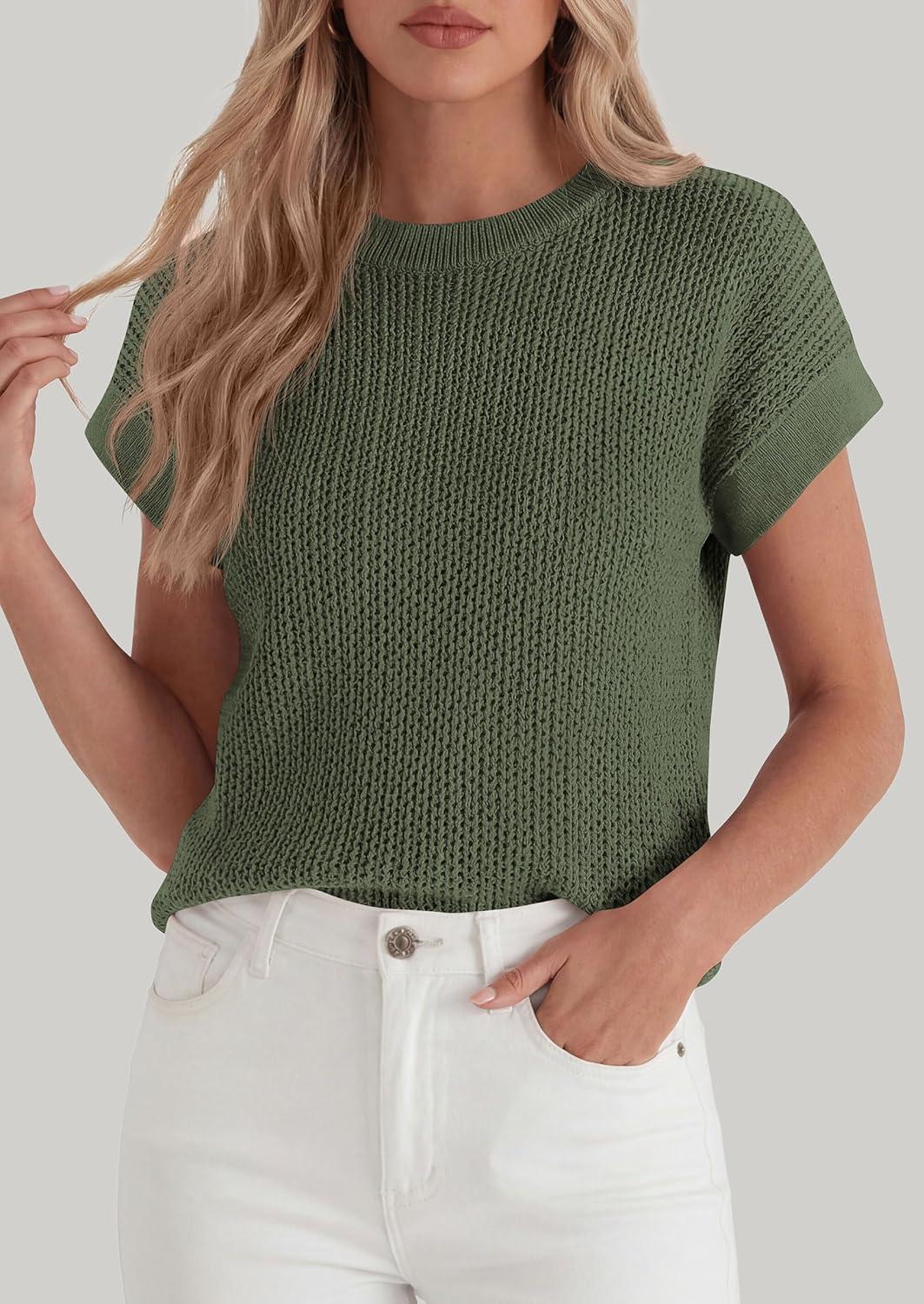 imagePRETTYGARDEN Womens 2026 Spring Fashion Sweater Vest Business Casual Crochet Tops Cap Sleeve Knit Shirt Beach Summer OutfitsGreen
