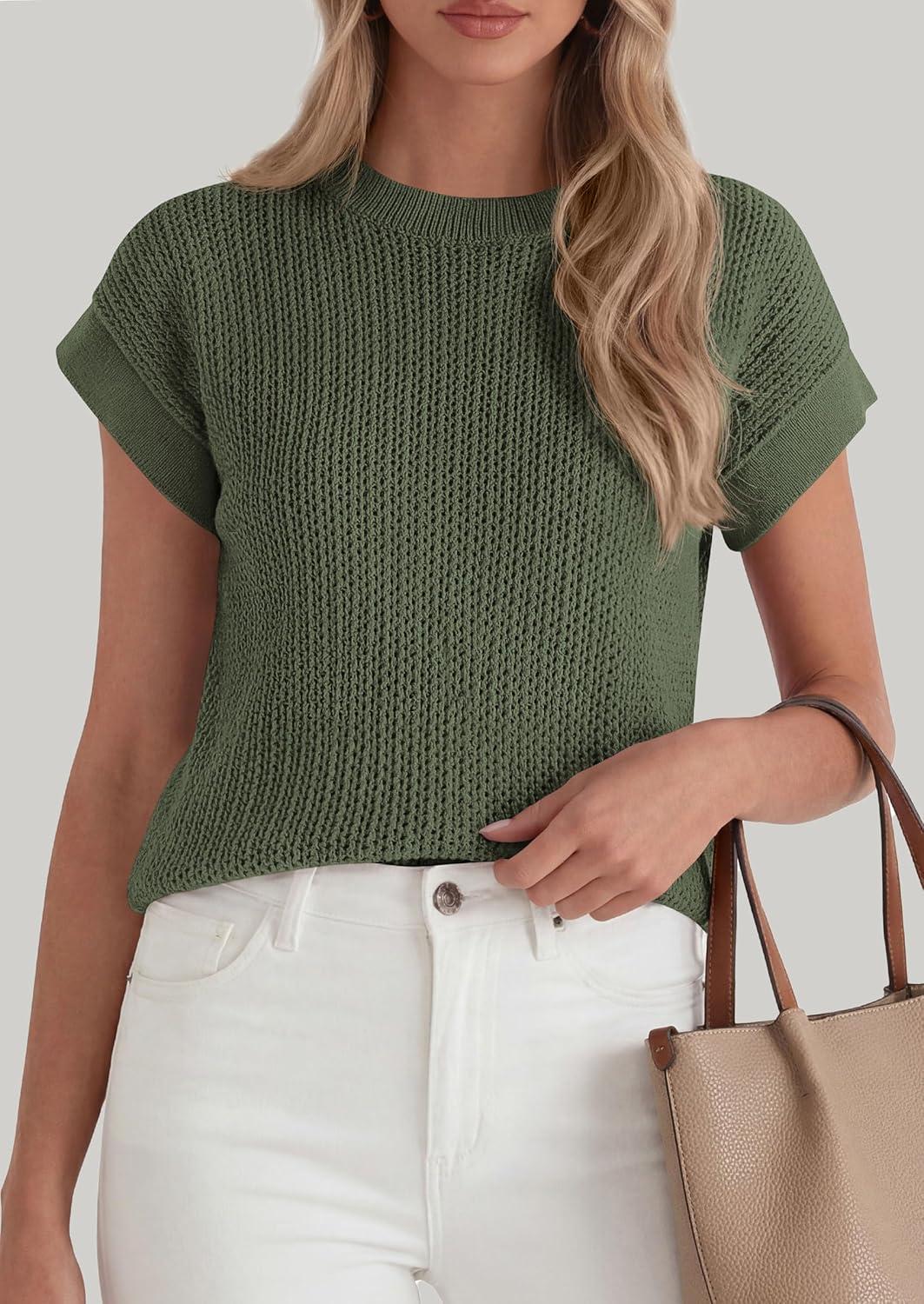 imagePRETTYGARDEN Womens 2026 Spring Fashion Sweater Vest Business Casual Crochet Tops Cap Sleeve Knit Shirt Beach Summer OutfitsGreen