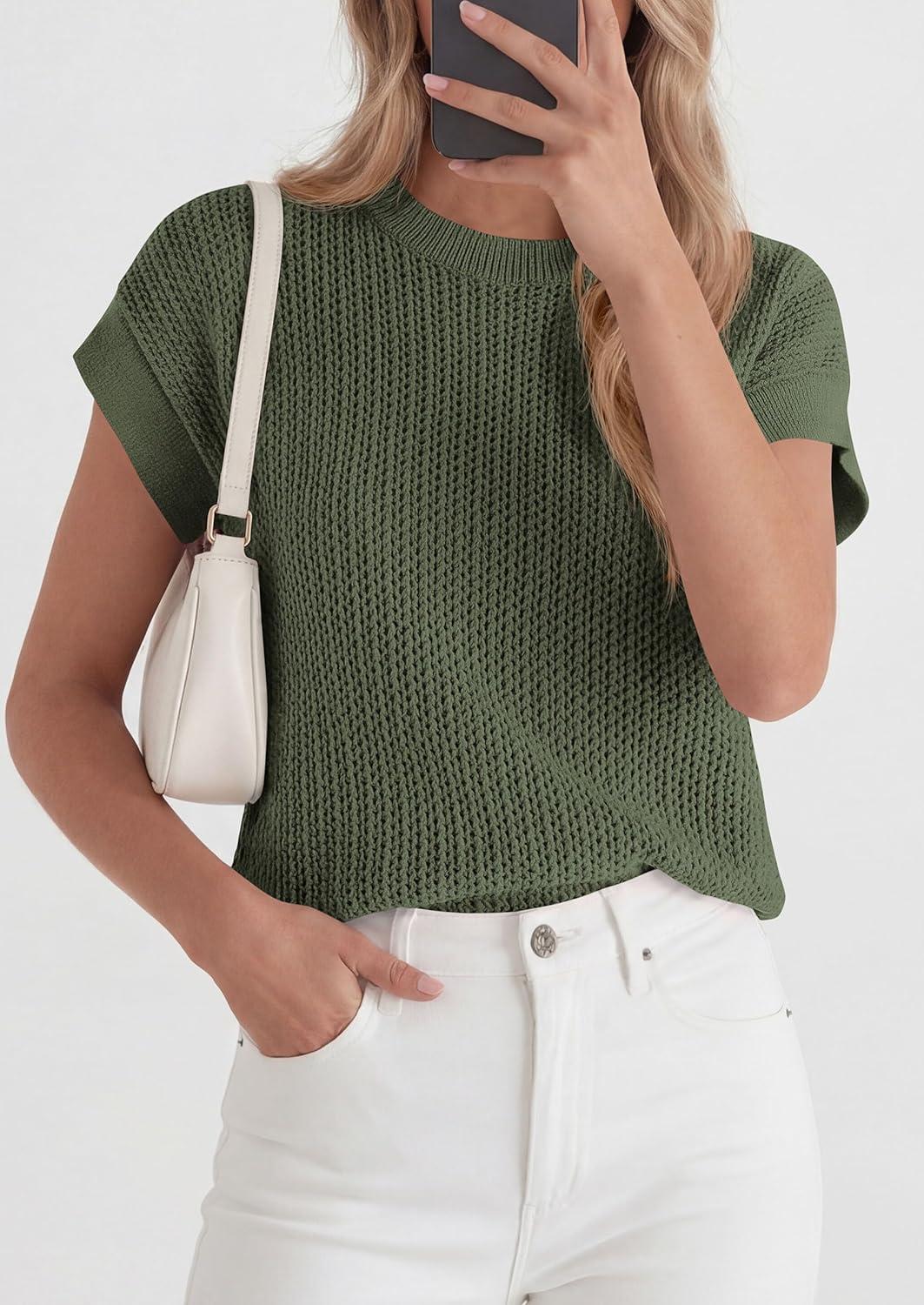 imagePRETTYGARDEN Womens 2026 Spring Fashion Sweater Vest Business Casual Crochet Tops Cap Sleeve Knit Shirt Beach Summer OutfitsGreen