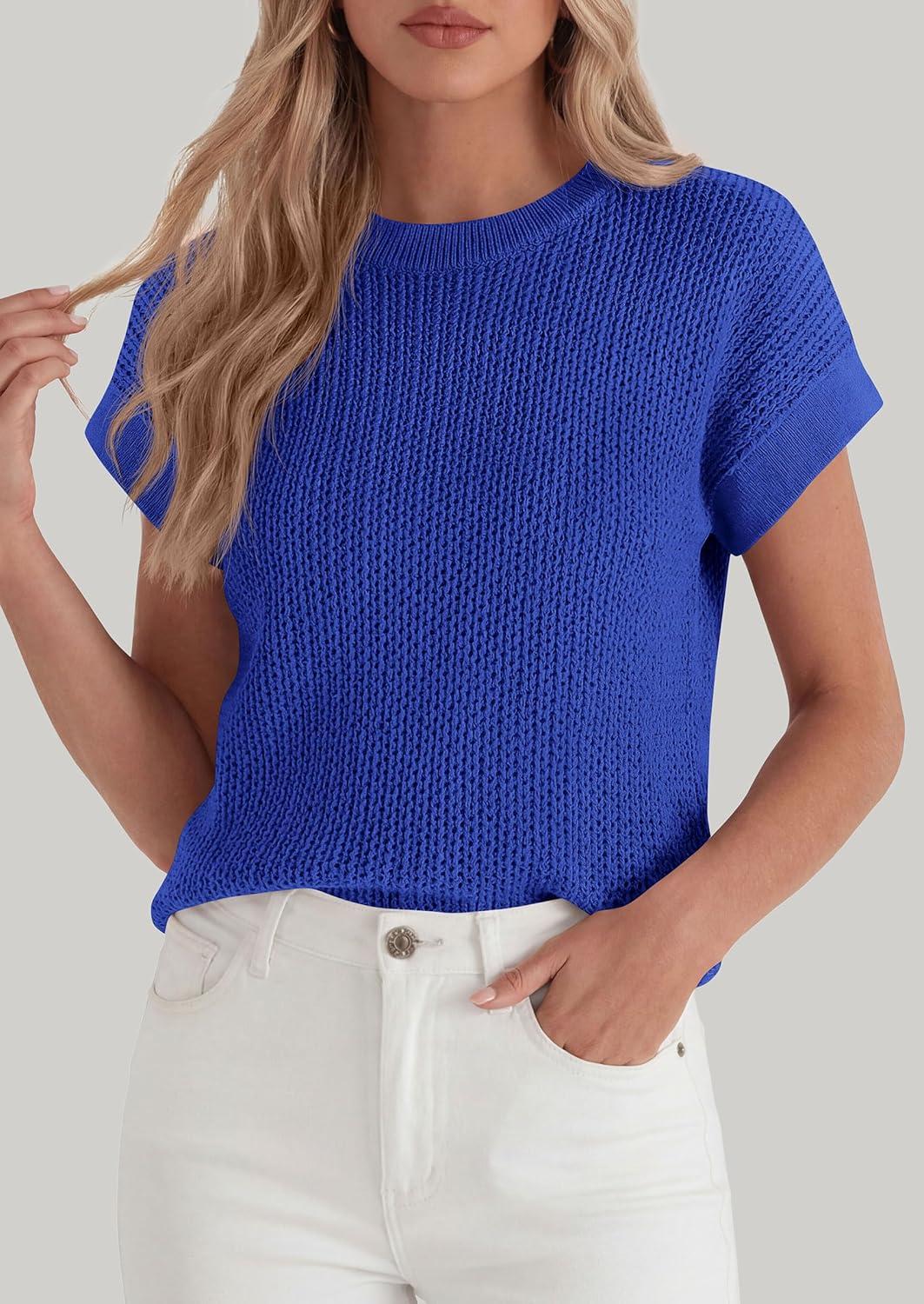 imagePRETTYGARDEN Womens 2026 Spring Fashion Sweater Vest Business Casual Crochet Tops Cap Sleeve Knit Shirt Beach Summer OutfitsRoyal Blue