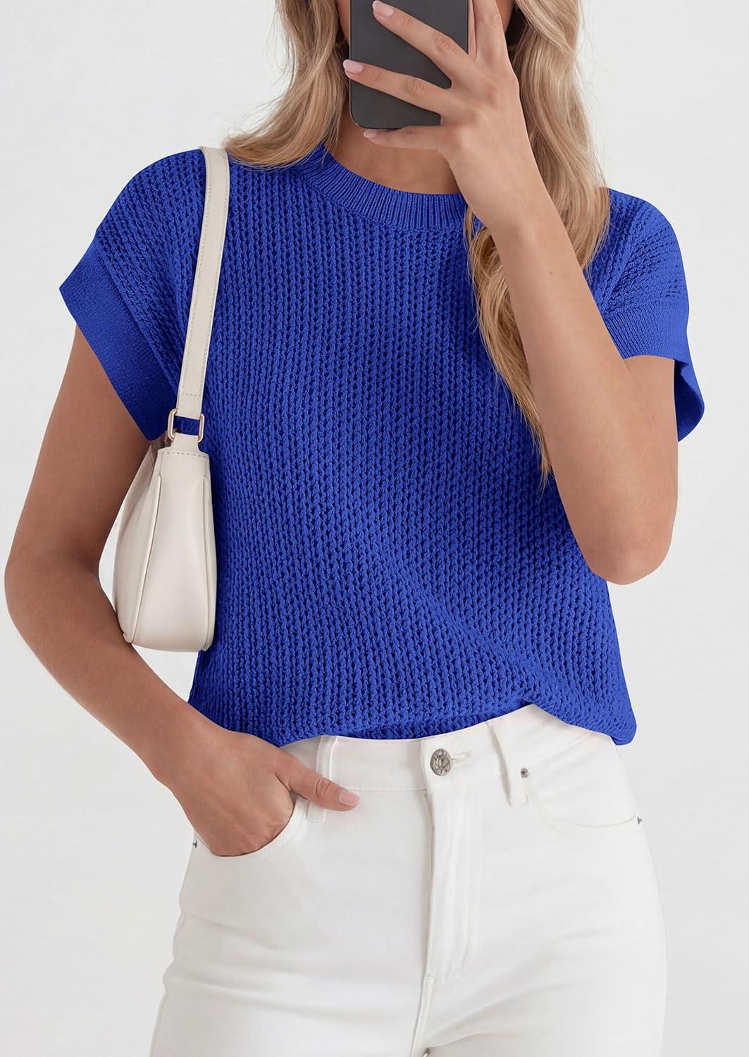 imagePRETTYGARDEN Womens 2026 Spring Fashion Sweater Vest Business Casual Crochet Tops Cap Sleeve Knit Shirt Beach Summer OutfitsRoyal Blue