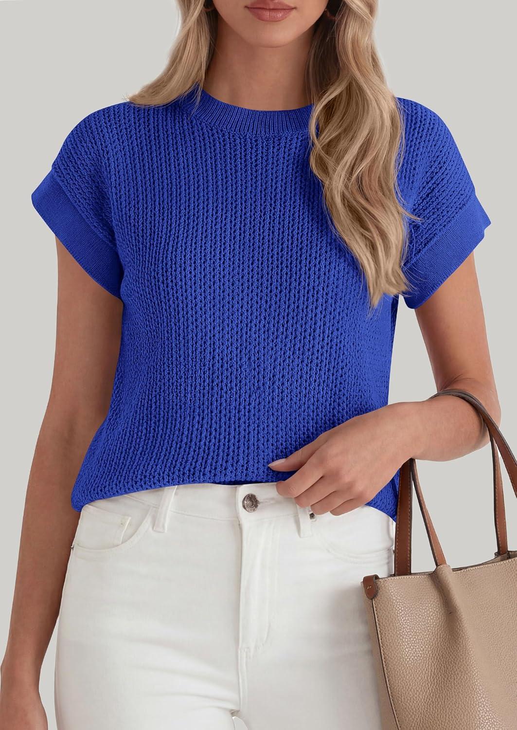 imagePRETTYGARDEN Womens 2026 Spring Fashion Sweater Vest Business Casual Crochet Tops Cap Sleeve Knit Shirt Beach Summer OutfitsRoyal Blue