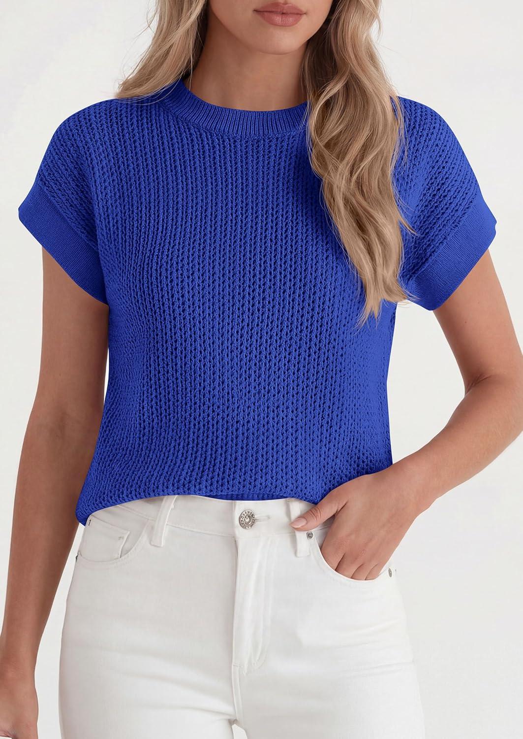 imagePRETTYGARDEN Womens 2026 Spring Fashion Sweater Vest Business Casual Crochet Tops Cap Sleeve Knit Shirt Beach Summer OutfitsRoyal Blue