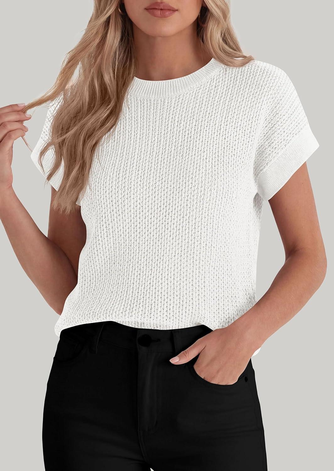 imagePRETTYGARDEN Womens 2026 Spring Fashion Sweater Vest Business Casual Crochet Tops Cap Sleeve Knit Shirt Beach Summer OutfitsWhite