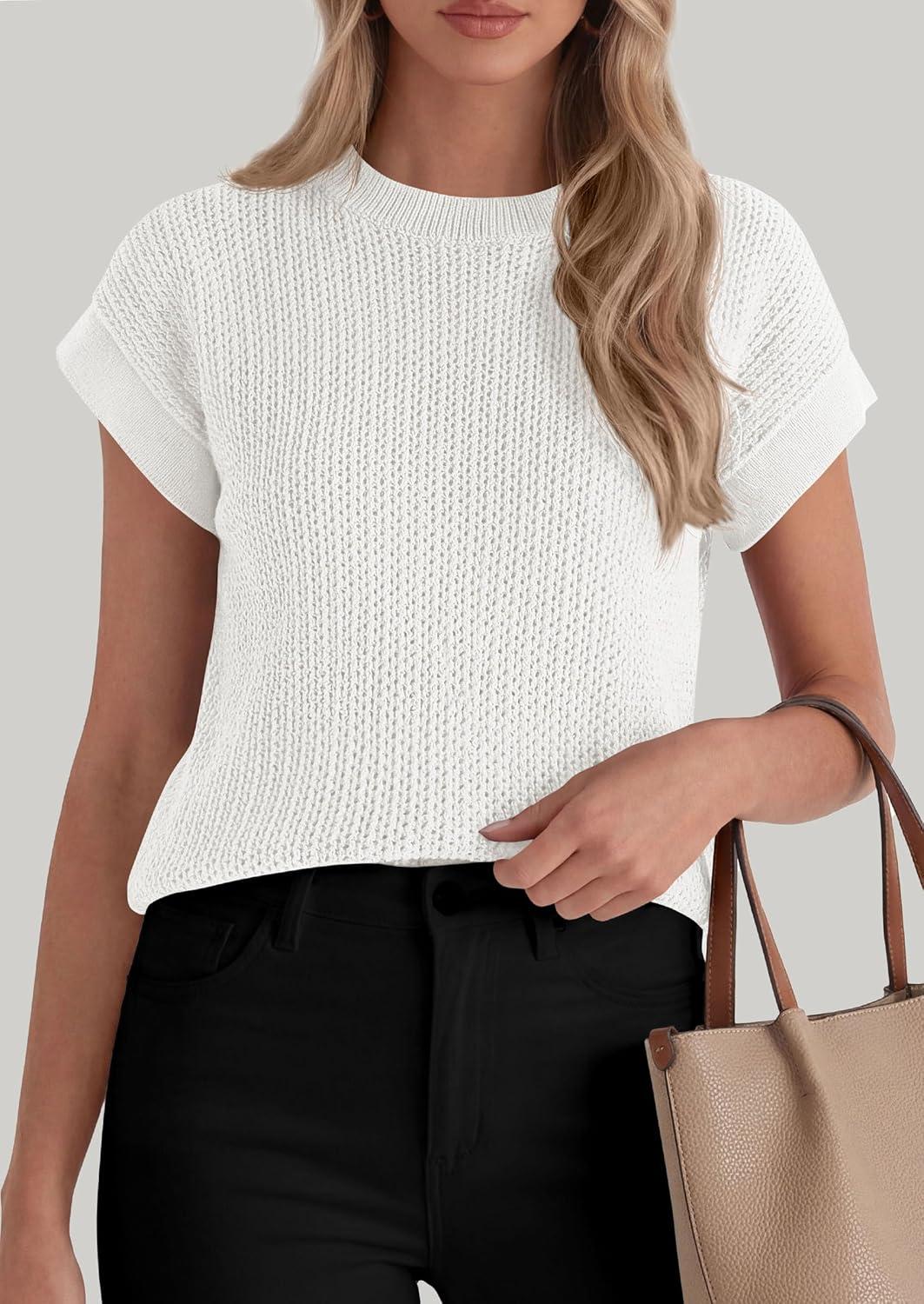 imagePRETTYGARDEN Womens 2026 Spring Fashion Sweater Vest Business Casual Crochet Tops Cap Sleeve Knit Shirt Beach Summer OutfitsWhite