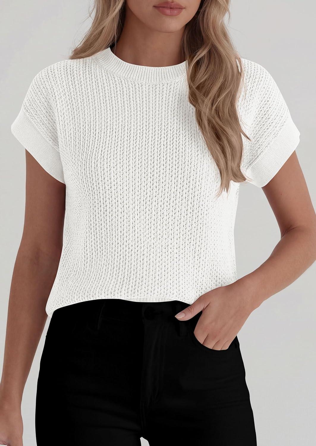 imagePRETTYGARDEN Womens 2026 Spring Fashion Sweater Vest Business Casual Crochet Tops Cap Sleeve Knit Shirt Beach Summer OutfitsWhite