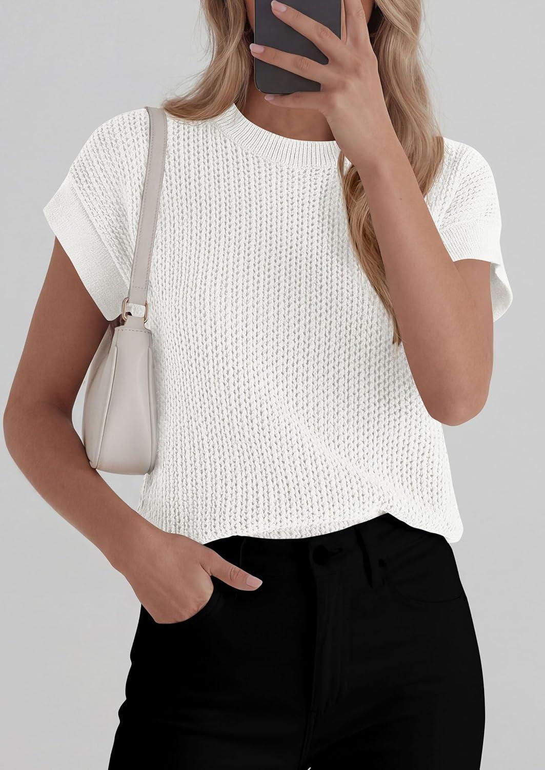 imagePRETTYGARDEN Womens 2026 Spring Fashion Sweater Vest Business Casual Crochet Tops Cap Sleeve Knit Shirt Beach Summer OutfitsWhite
