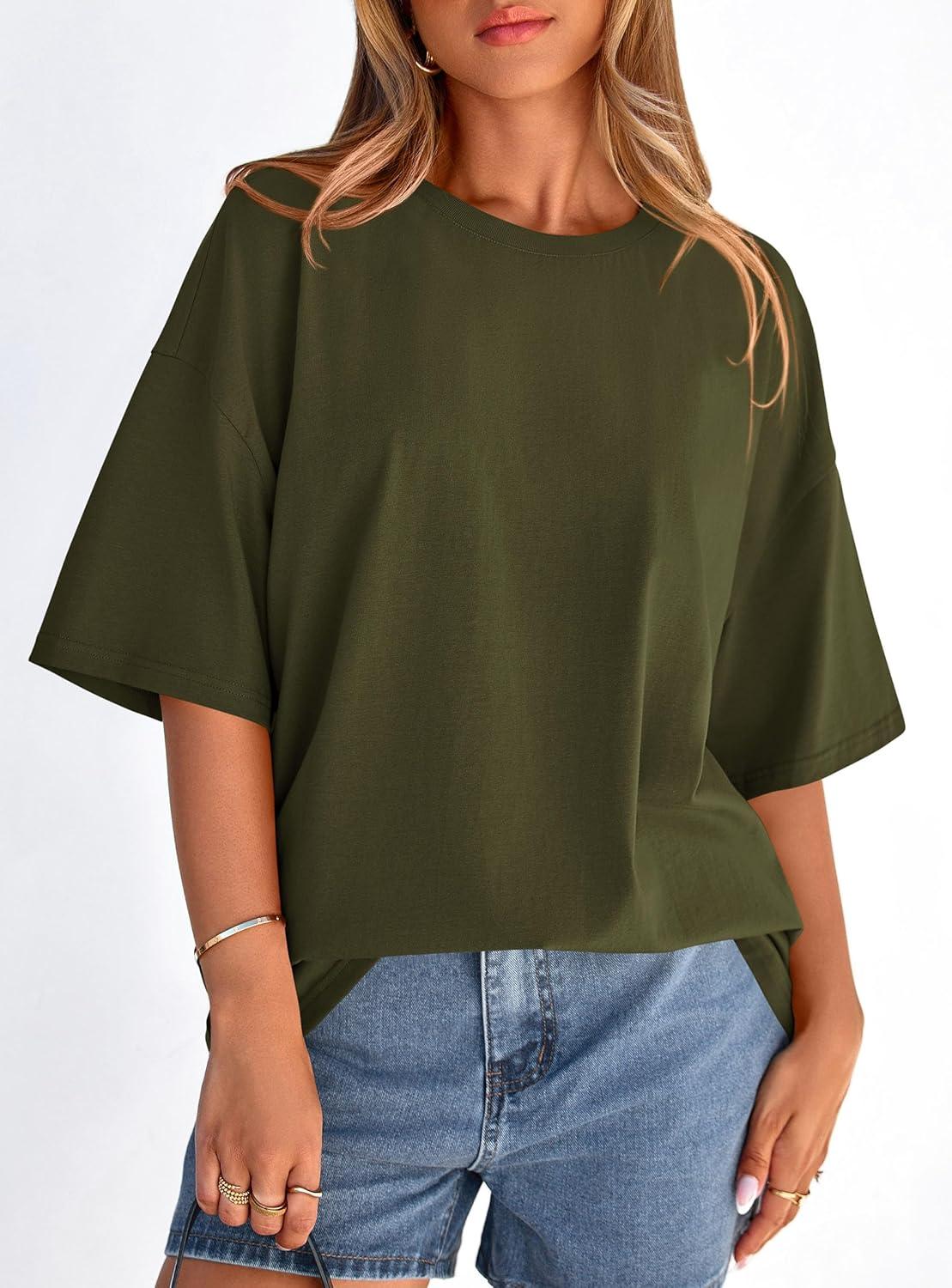 imagePRETTYGARDEN Womens 2026 Spring Going Out Tops Casual Short Sleeve Crewneck Loose Fit Basic Oversized T Shirts Summer OutfitsArmy Green