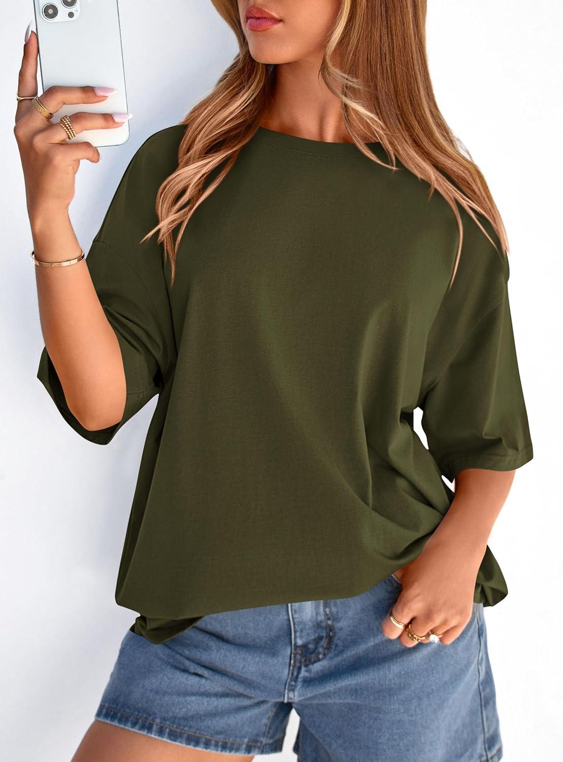 imagePRETTYGARDEN Womens 2026 Spring Going Out Tops Casual Short Sleeve Crewneck Loose Fit Basic Oversized T Shirts Summer OutfitsArmy Green